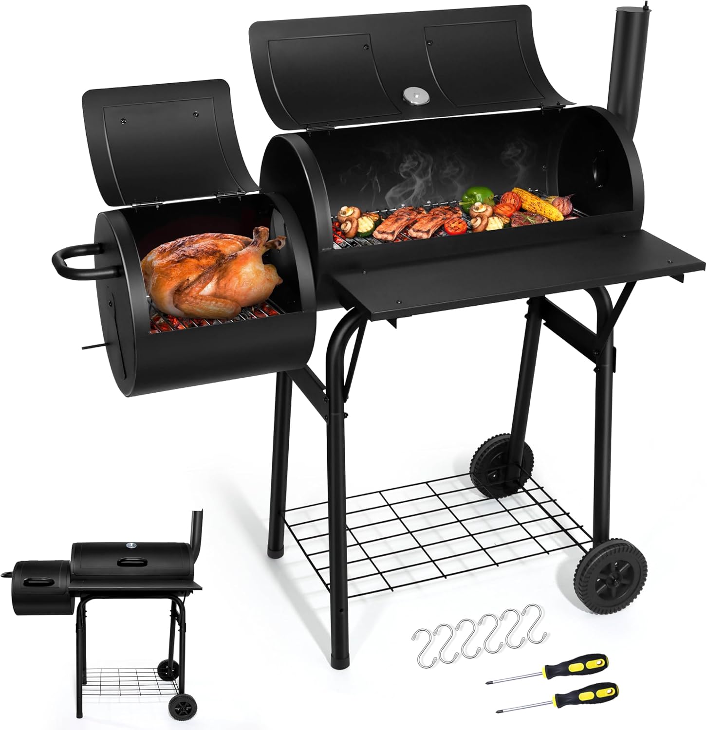 Joyfair Charcoal Grill with Offset Smoker, Camping Barbecue Grill with Side Fire Box for Outdoor BBQ Smoking/Backyard Party Grilling, Thick Iron Steel & Dual Chamber Design, Thermometer & Chimney