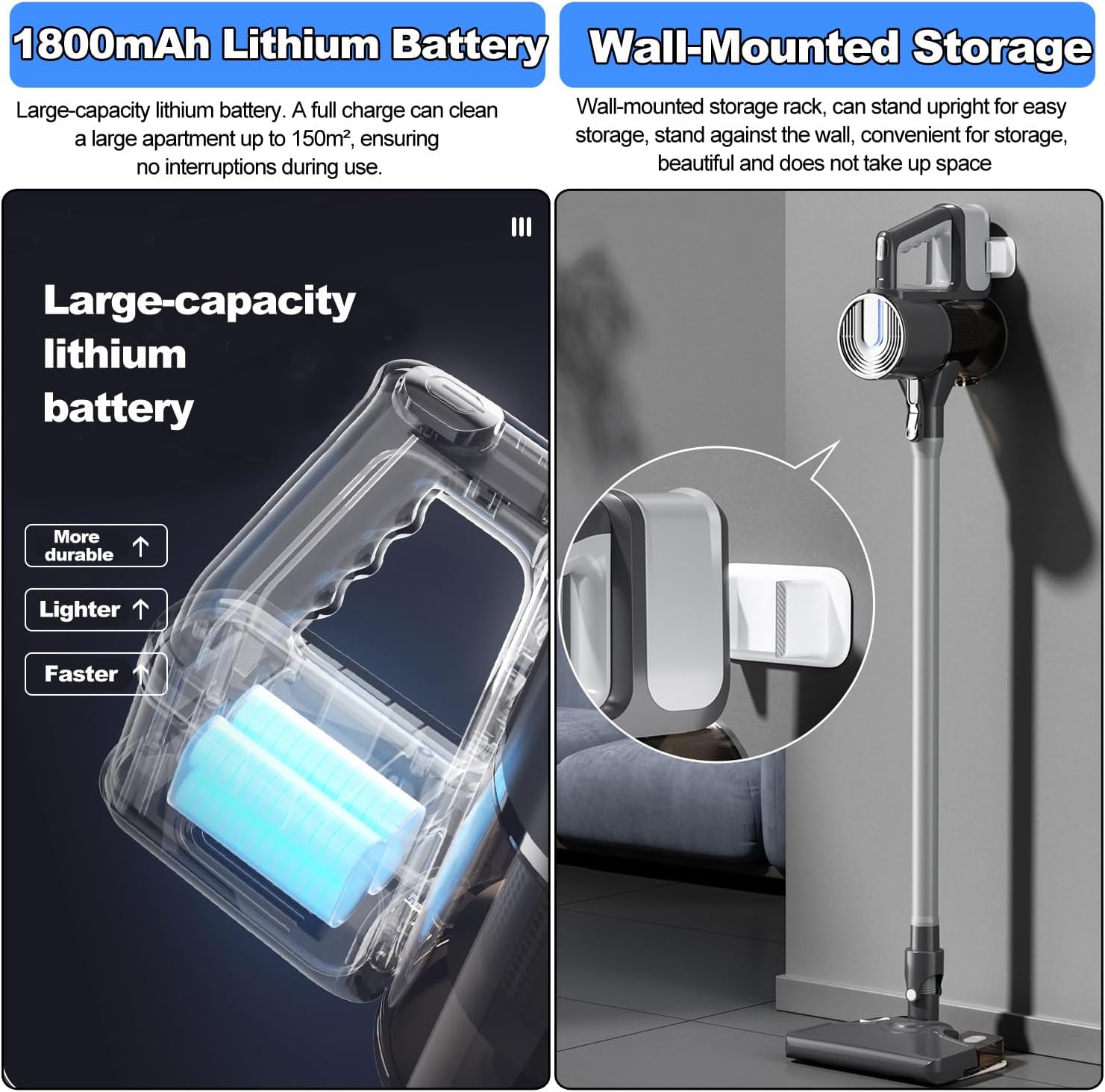 Cordless Vacuum Cleaner, Rechargeable Vacuum Cleaners for Home, Self-Standing Stick Vacuum with Mopping Function and Green LED Headlight, Ultra High-Power Brush for Plush Carpet/All Floor