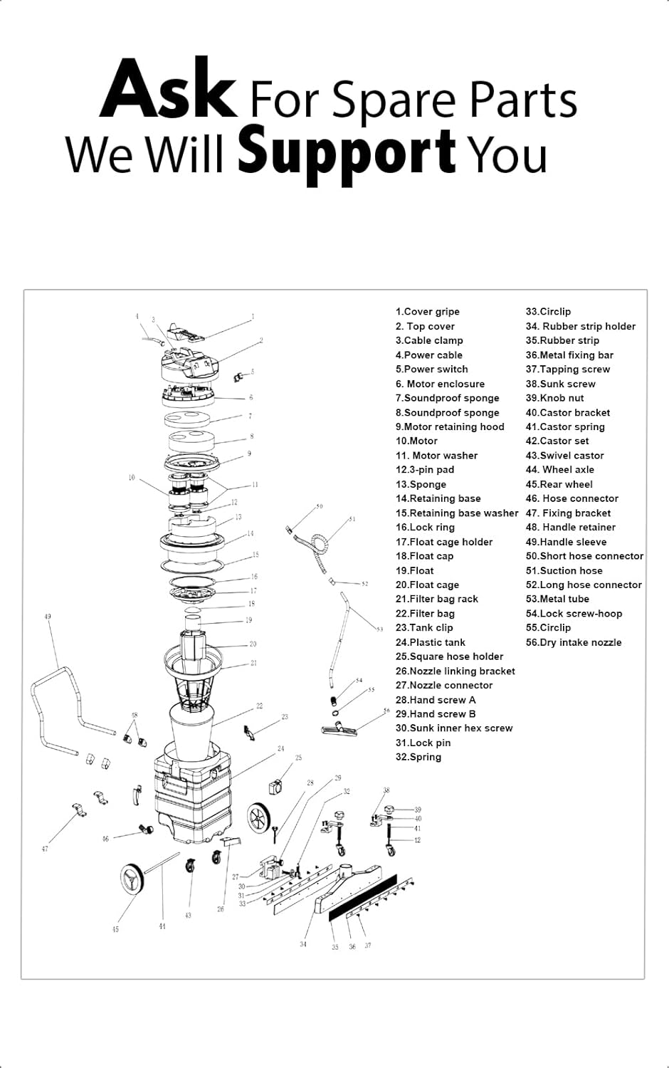 Industrial Vacuum Cleaner Wet/Dry - 2 Motors - Front Squeegee - 24 Gallon