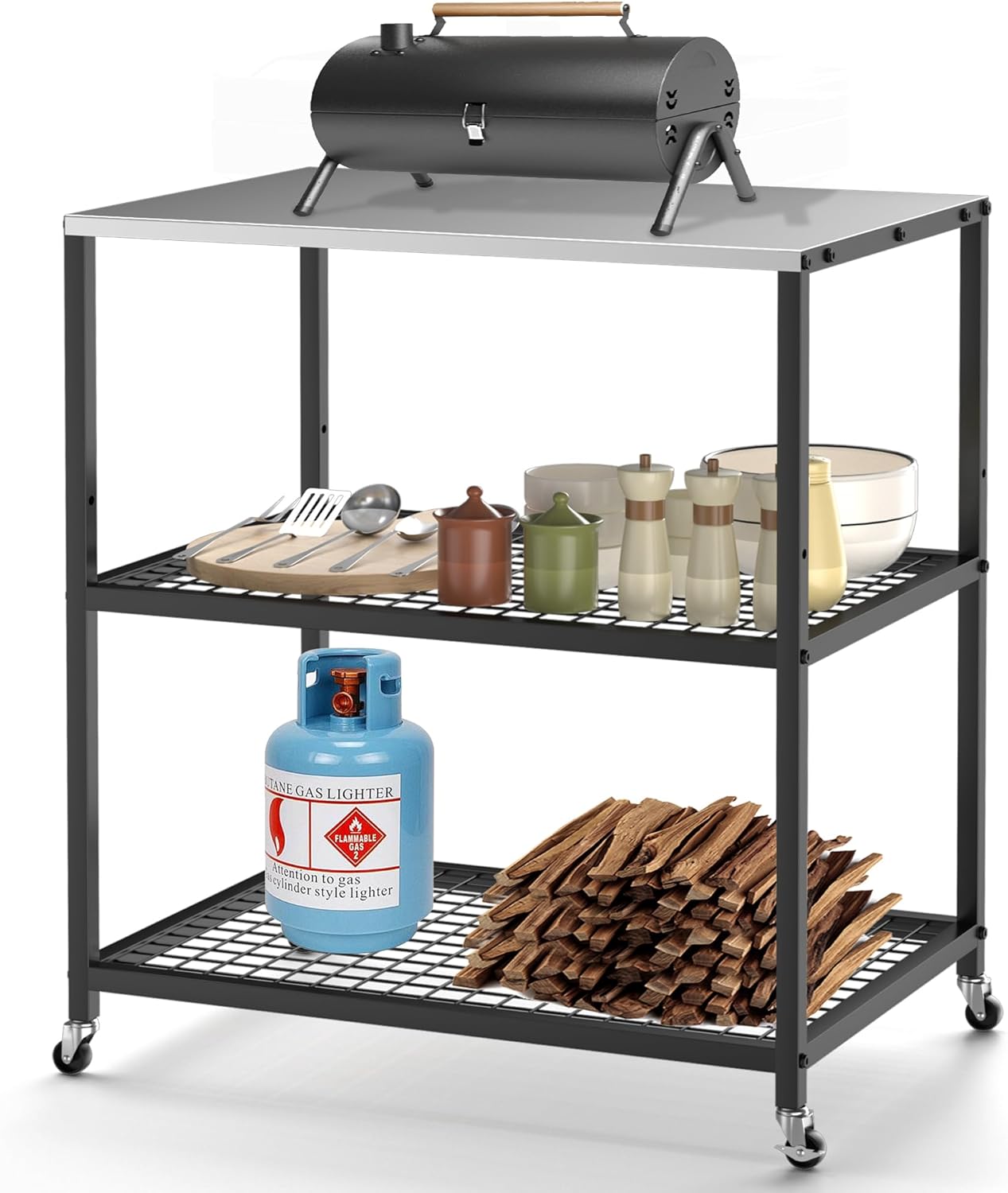 Outdoor Grill Cart Three-Shelf Grill Table with Wheels Stainless Steel Movable Pizza Oven Stand Trolley Food Prep and Work Cart Table 31.5