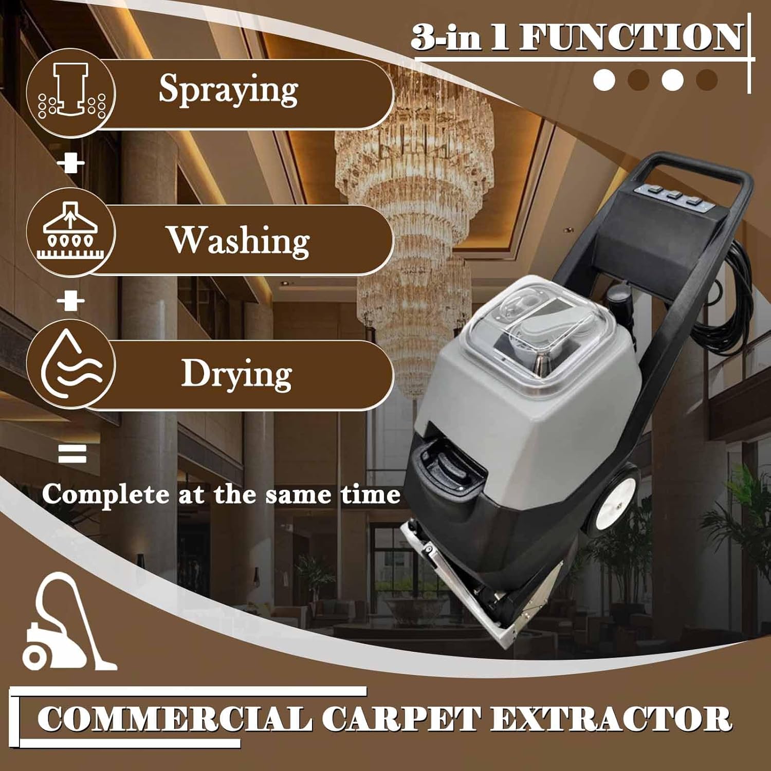 Commercial Carpet Cleaning Machine 3-in-1 Extractor Hand Pushed Hot&Cold Water Carpet Washer 9Gal+9Gal Tanks 18'' Stainless Steel Scraper for Hotel/Gym/Office Deep Cleaning 18m Cord 110V