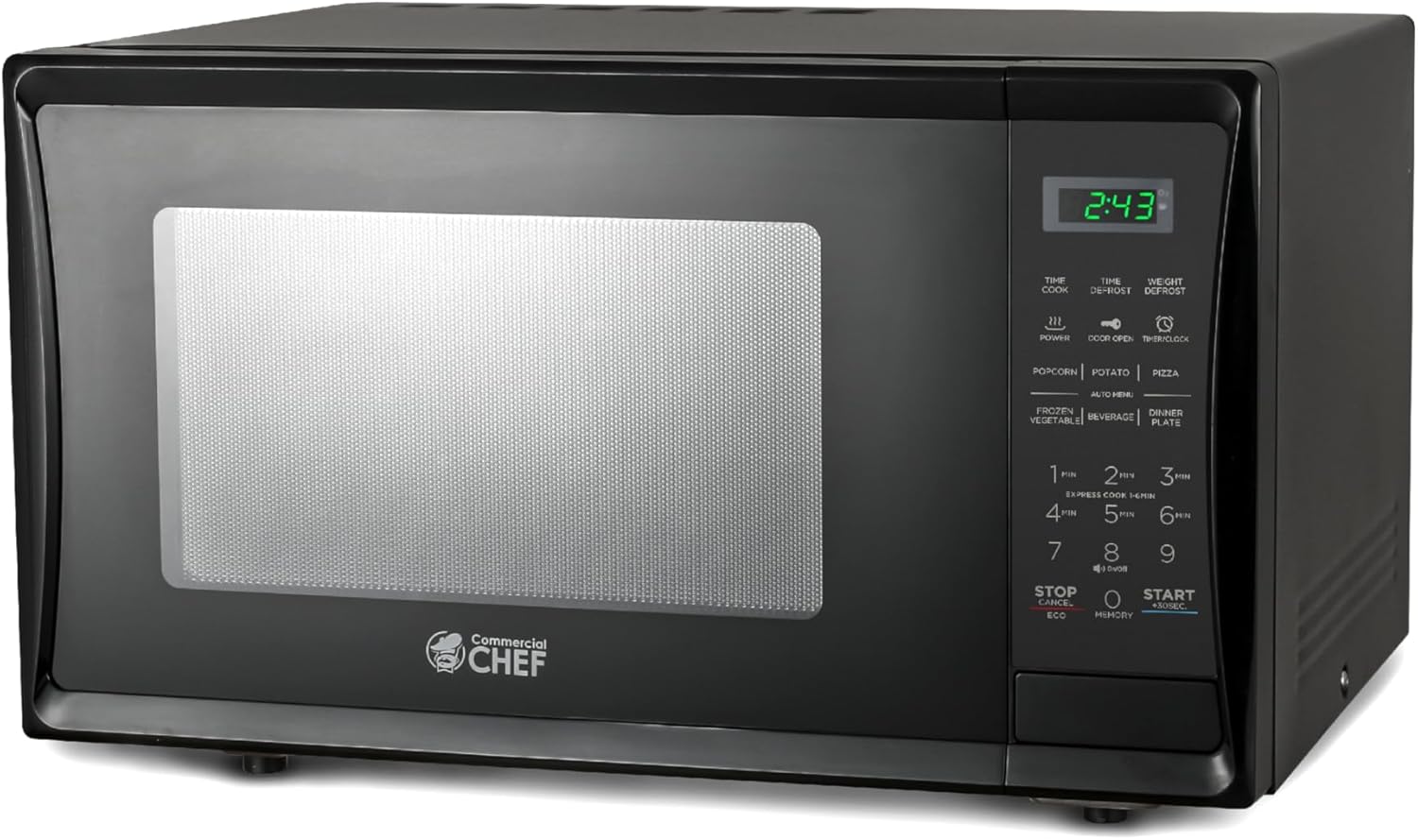 COMMERCIAL CHEF 1.1 Cu Ft Microwave with 10 Power Levels, Microwave 1000W with Push Button Door Lock, Countertop Microwave with Microwave Turntable and Digital Controls, Black