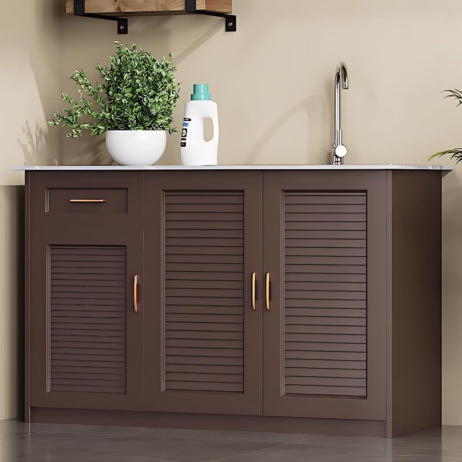 Outdoor Kitchen Cabinet with Brown Aluminum Panel,Sink Cabinet Includes Metal Handle,Spacious Lockers,Stainless Steel Sink for Garden,Balcony(51.18IN)