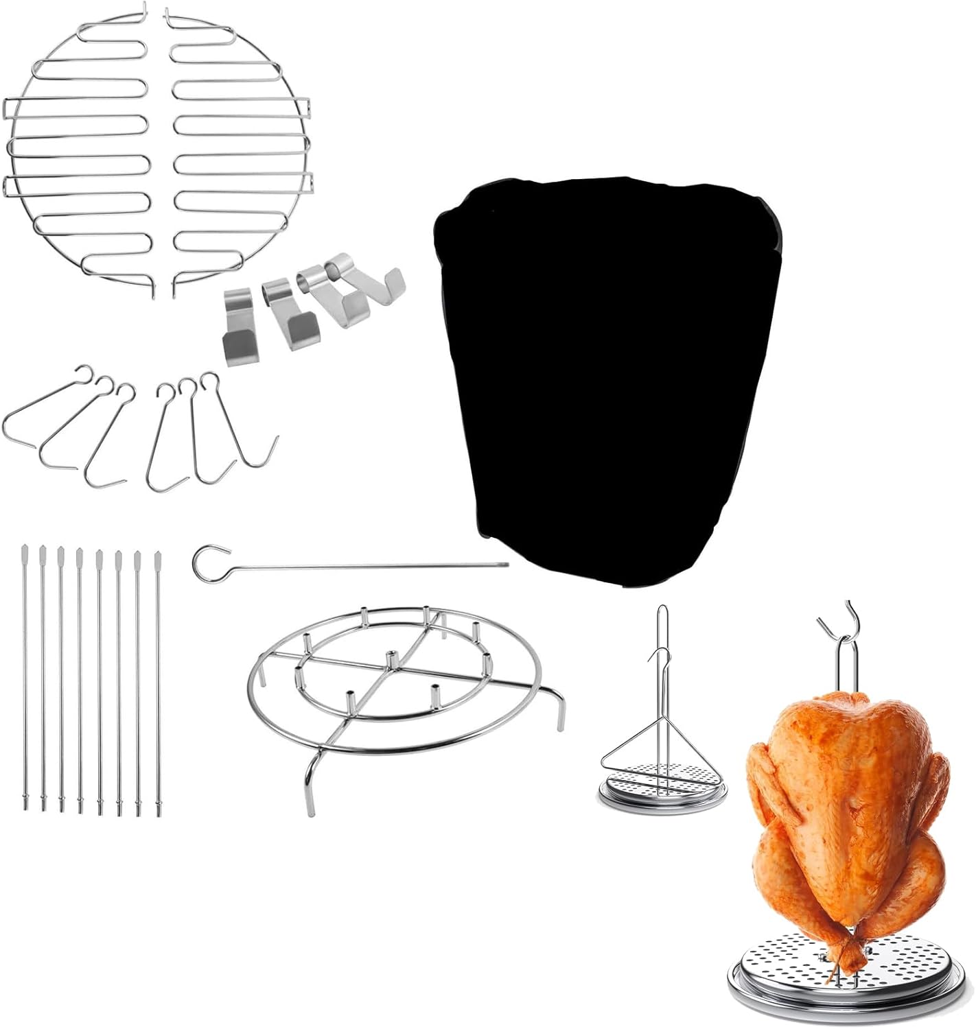 Turkey Fryer Kit with Turkey Fryer Hook with Base Rack for Char-Broil The Big Easy Accessories with Water-Resistant 24 Inch Round Grill Cover, Stainless Steel Chicken Poultry Vertical Roasting Spit