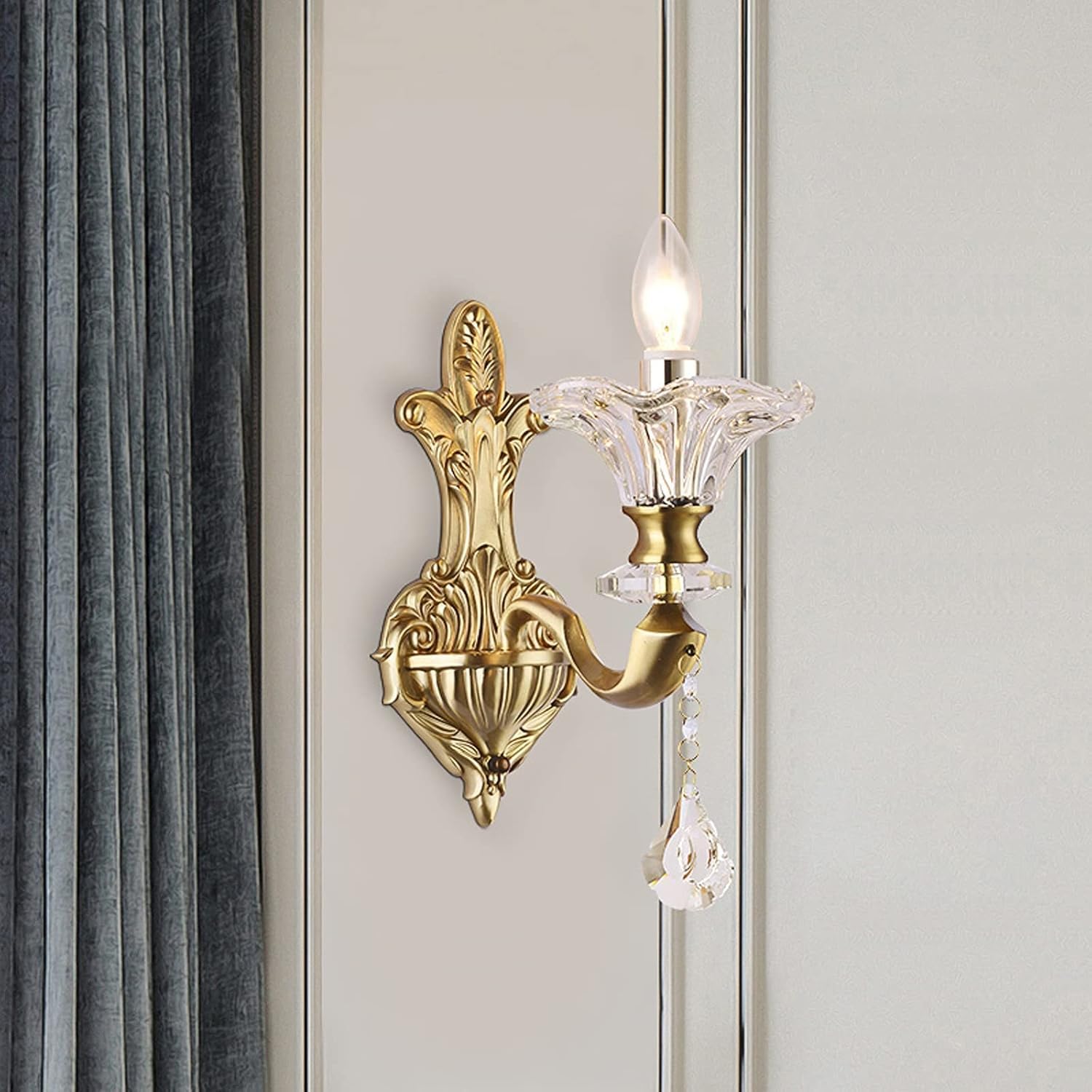 Modern LED Wall Sconces, Indoor European Style Candle Crystal Copper Living Room TV Background Decoration Light Luxury Bedroom Bedside Lamp,Household