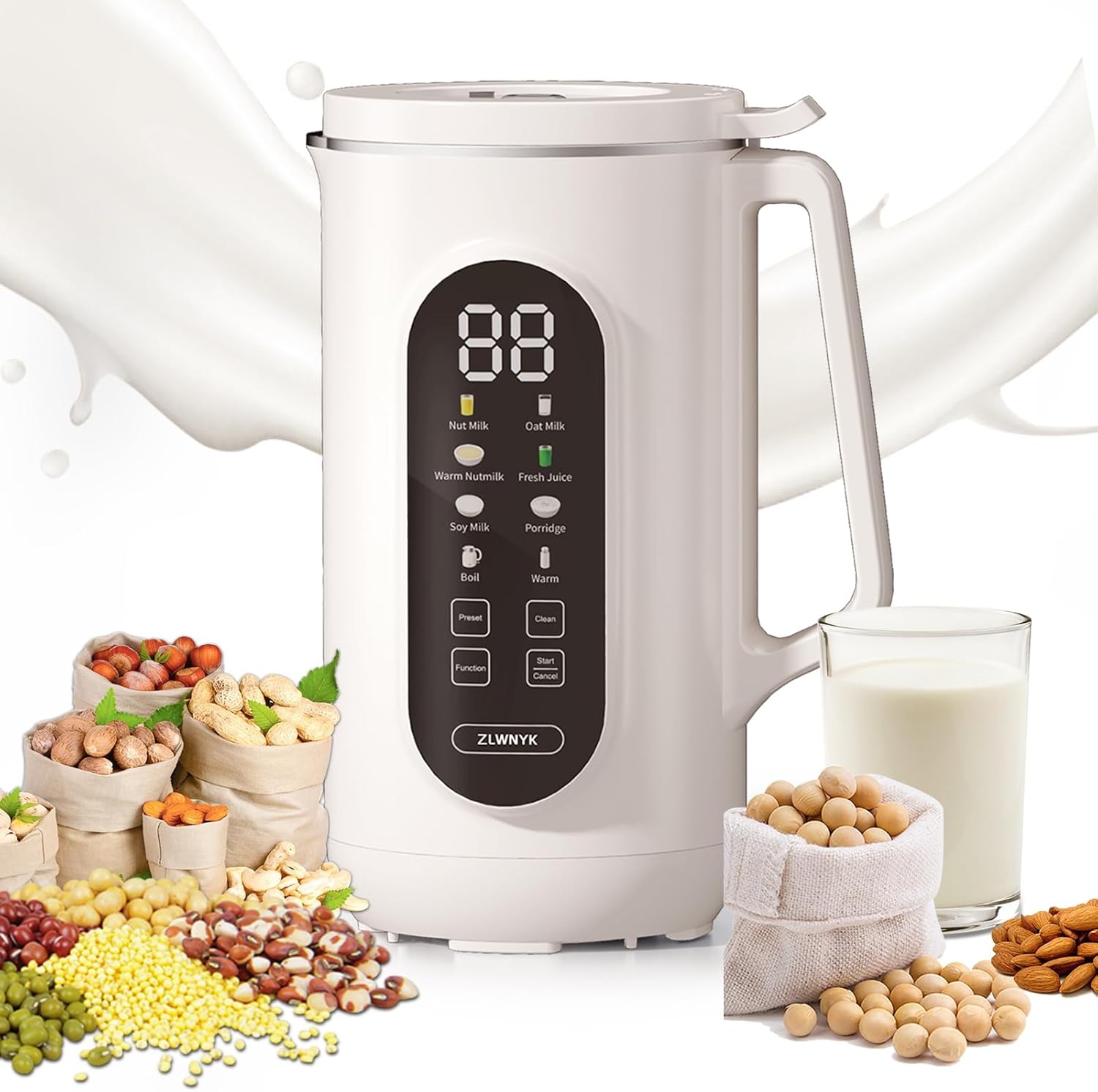 ZLWNYK 8 in 1 Nut Milk Blender, 34 oz homemade almond, oat, soy, coconut, plant-based milk, and non dairy beverages, with a 12 hour timer/self-cleaning/warming/hot water function
