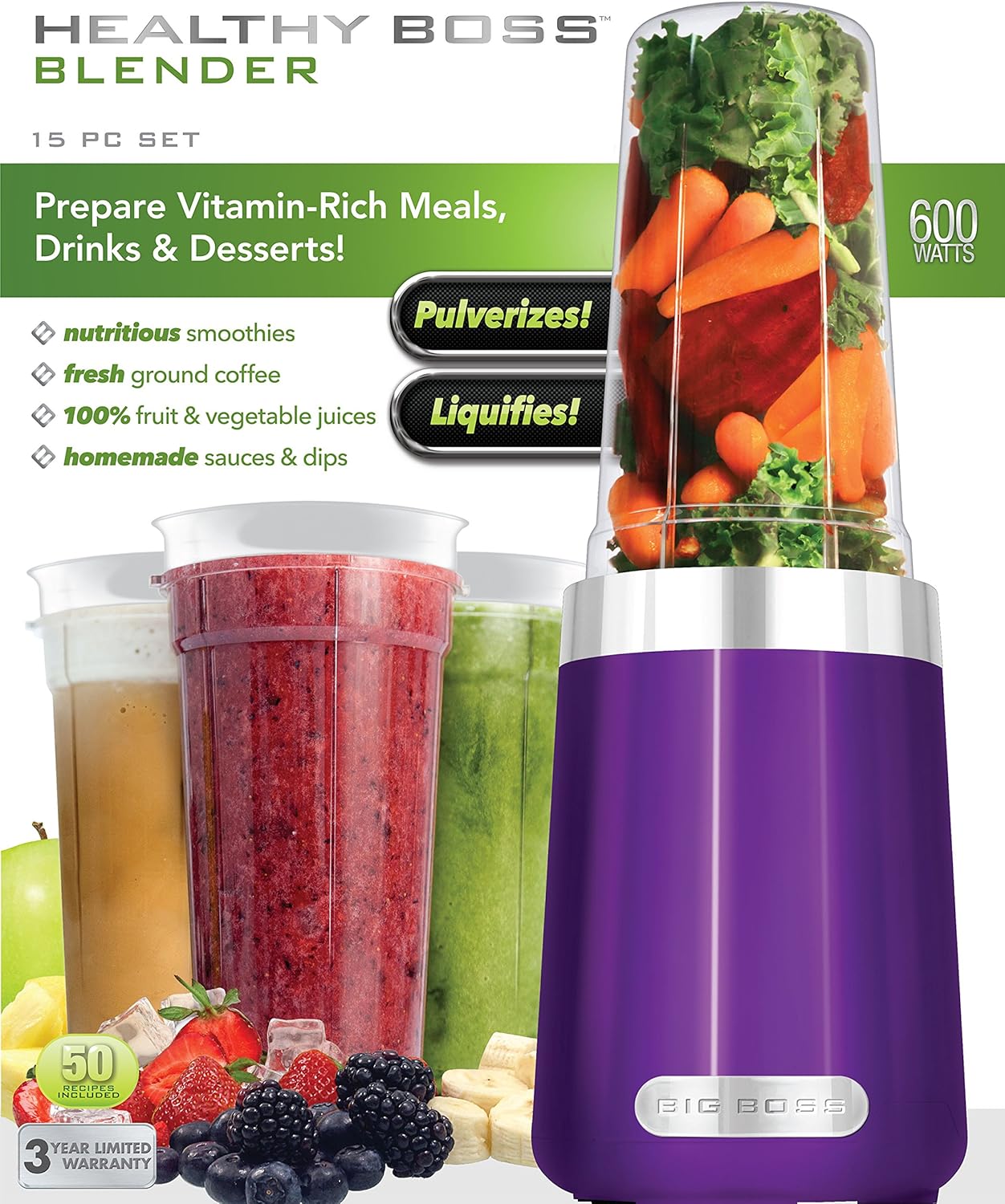 Big Boss 15 Piece Professional Blender, 600 Watt Power, Purple
