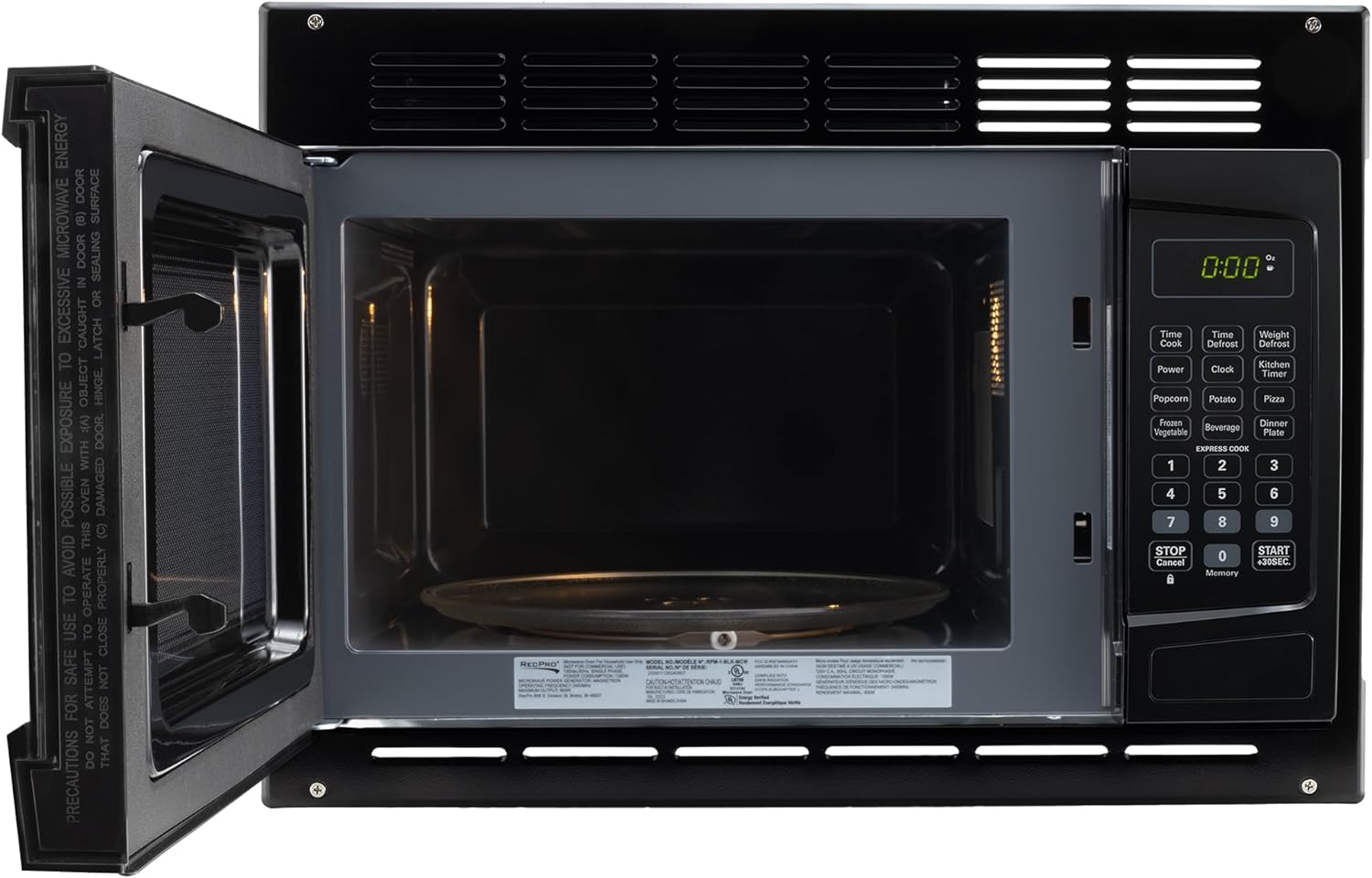 RecPro RV Microwave with Trim Kit | 1.0 Cu. Ft. | 900W | Direct replacement for Greystone and High Pointe (Black)