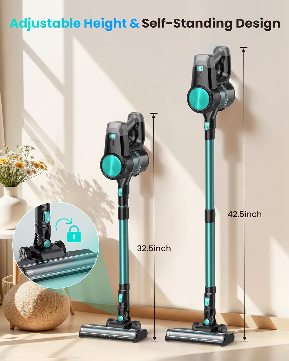 N3T Cordless Vacuum Cleaner,Wireless Stick Vacuum with 40mins Runtime,Self-Standing,Anti-Tangle Brush,Rechargeable Lightweight Vacuum Cleaner for Home,Hardwood Floor,Pet Hair, Carpet-Mint Green
