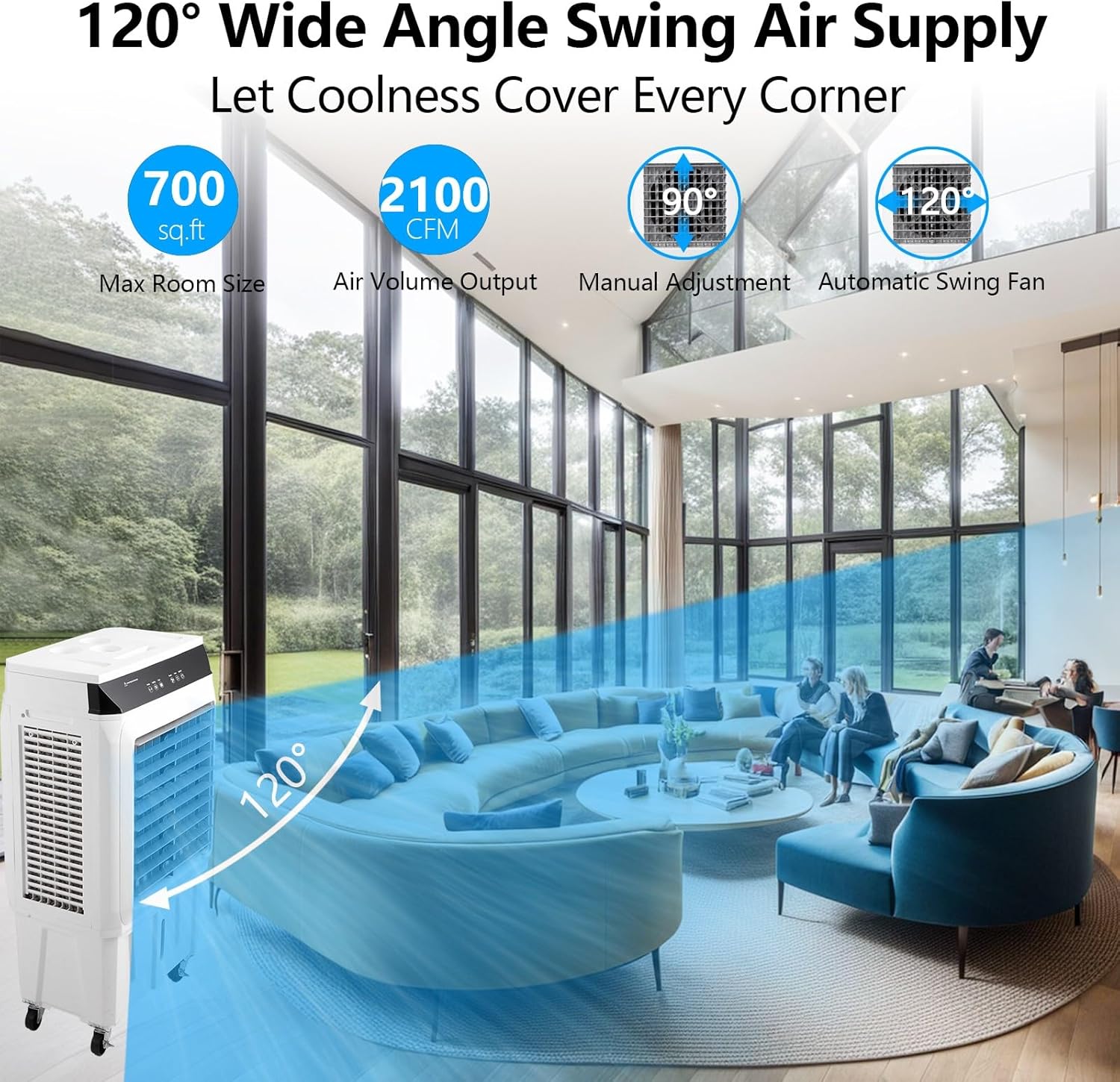 2100 CFM Evaporative Air Cooler, 8.4 Gallon Swamp Cooler with Remote Control, 3 Speeds, 12h Timer, 3-in-1 Swamp Cooler Air Conditioner, Portable Air Cooler Fan for Indoor Garage Outdoor Patio