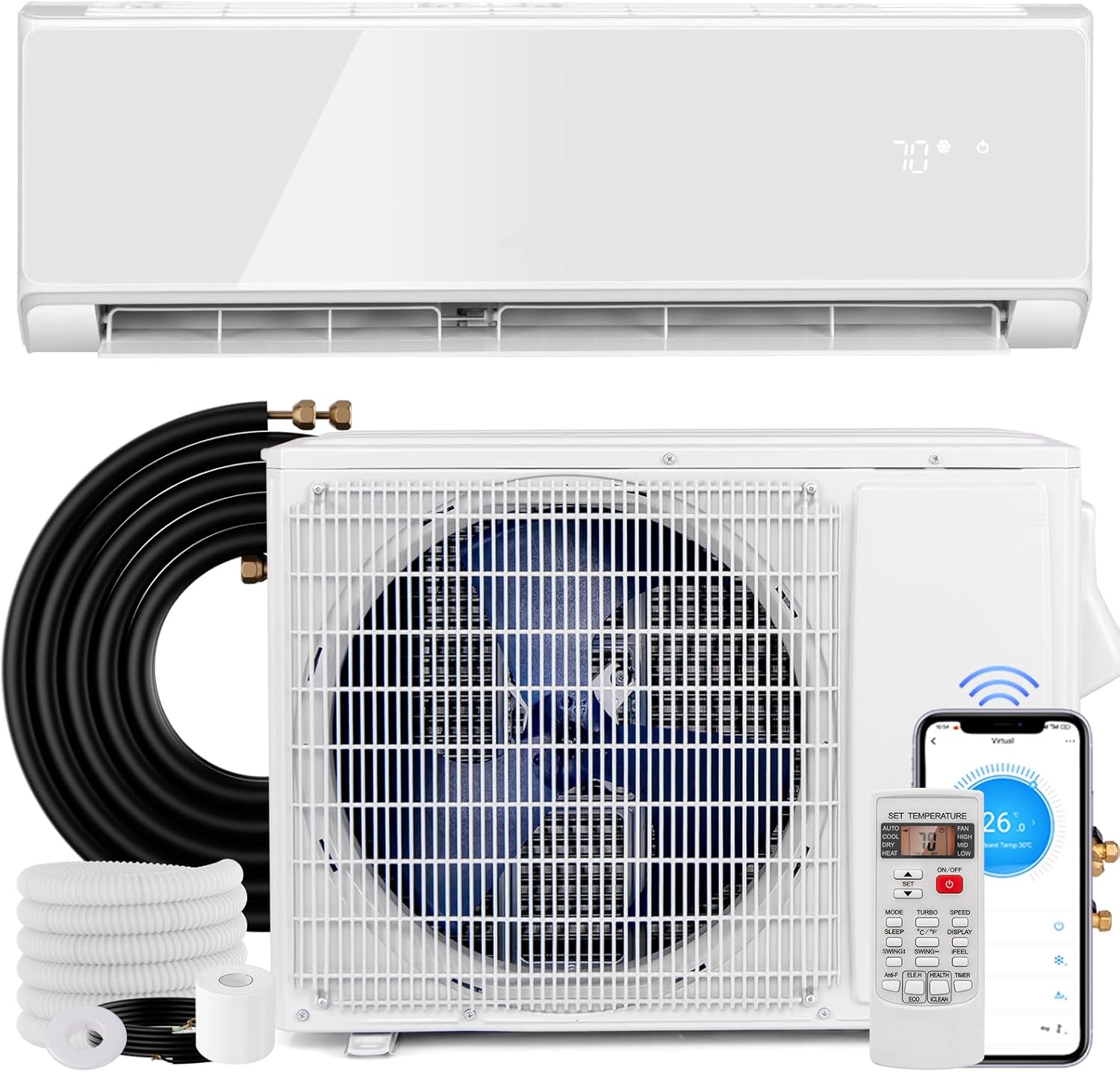 KOTEK 12000 BTU Mini Split AC/Heating System, 22 SEER2 Split Air Conditioner w/Heat Pump, Inverter Compressor, WIFI Enabled, Cools Up to 750 Sq.Ft, 208-230V (White, 22000 BTU, 21 SEER2)