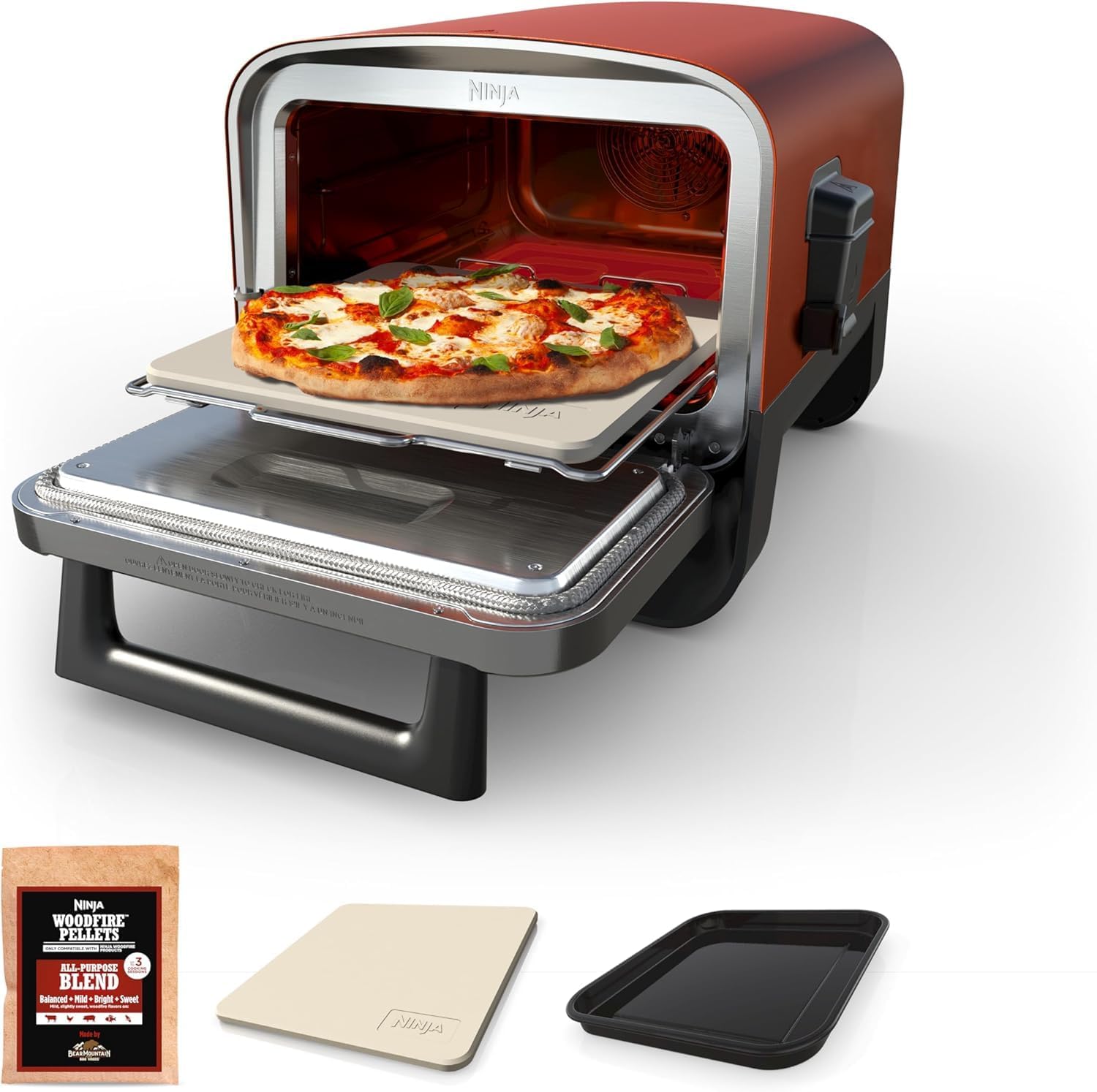 Ninja Woodfire Outdoor Pizza Oven, 5-in-1 Portable Electric Roaster Oven, Heats up to 700°F, 5 Artisan Pizza Settings, Integrated BBQ Smoker Box, Includes Flavored Wood Pellets, Terracotta Red