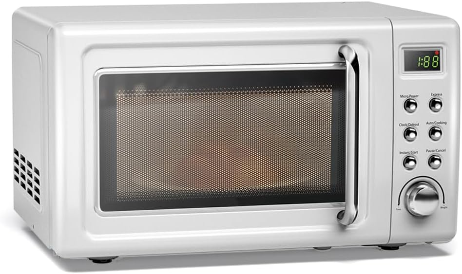 ARLIME Retro Microwave 0.7Cu.ft, 700 Watt Countertop Microwave with 5 Micro Power Defrost & Auto Cooking Function, LED Display, Child Lock, Small Microwave for Kitchen, RV, Dorm ​(White)