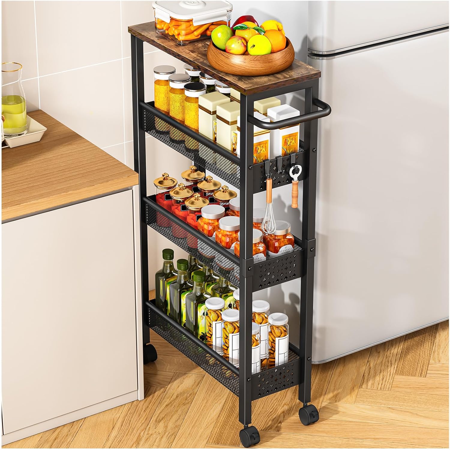 Utility Slim Storage Cart with Wheels, 4 Tier Small Rolling Cart with Wood Top, Metal Kitchen Bathroom Laundry Room Organization Trolley with Handle for Narrow Space – Black