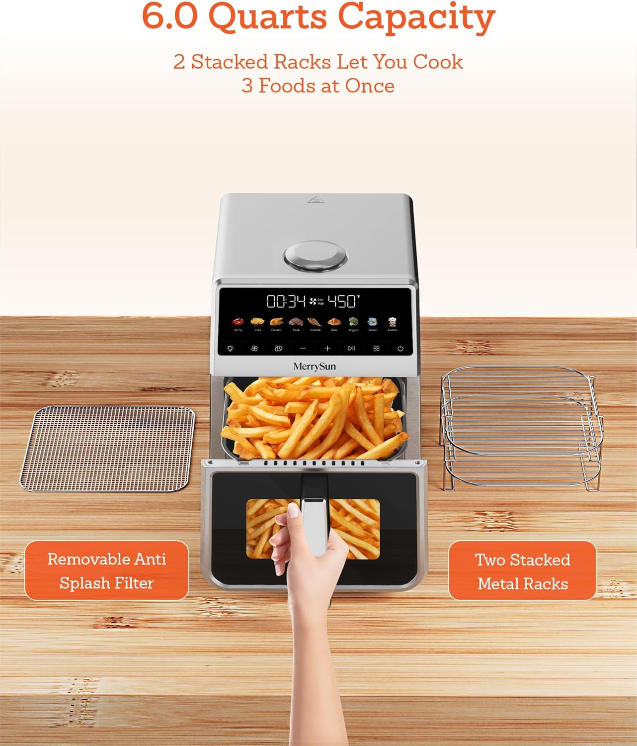 6 Qt Stainless Steel Air Fryer, Stainless Steel Housing& Full Metal Inner Pot, PTFE and PFAS Free, 9 Digital One-Touch Cook Functions,120°F~450°F, 1700W