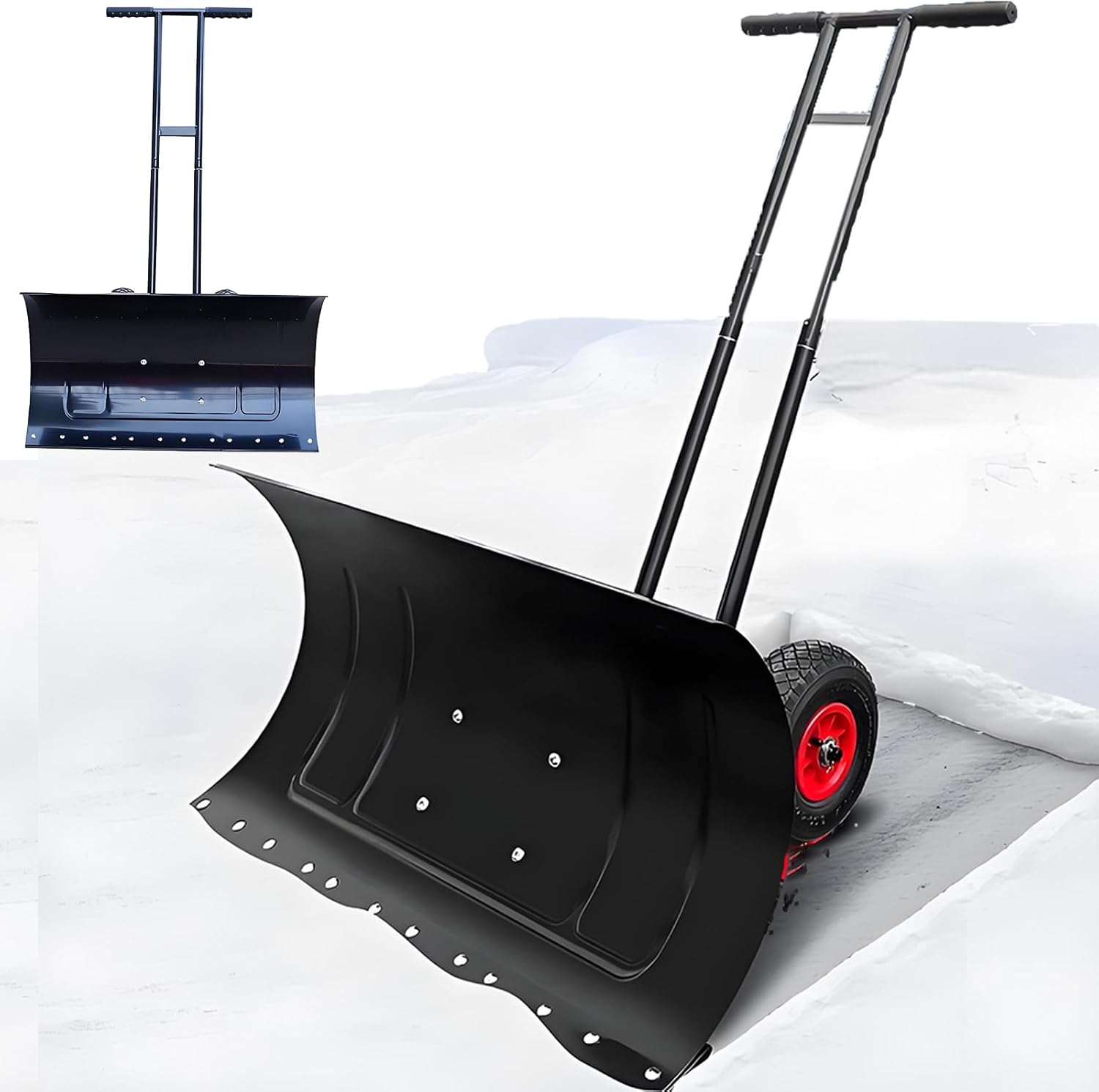 Snow Shovel with Wheels - 7-Way Pivoting Blade ＆ 5 Position Height Adjustments Snow Plow, 13.5kg Durable Frame - Clear Driveways Metal Snow Pusher, Walkways Patios with Ease