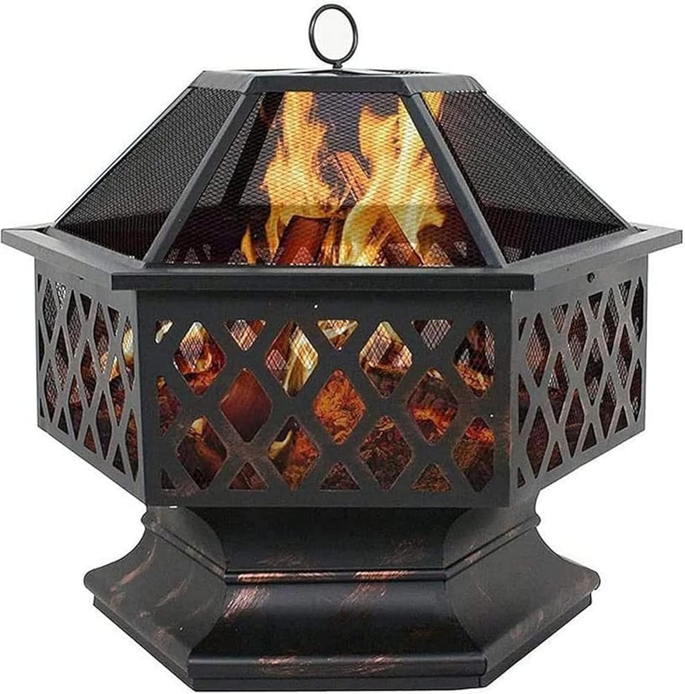 Garden Fire Pit Grill Bowl Grill Barbecue Rack Outdoor Fire Pits Portable Metal Fire Pit Hexagon Design Fireplace Stove with Mesh Screen Cover Fireplace Stove Wood Burning
