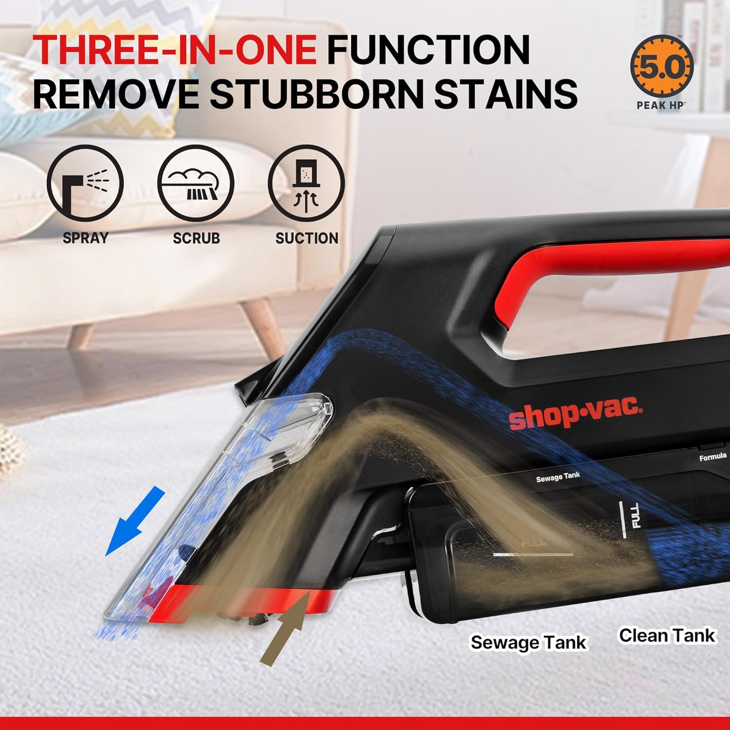 Shop-Vac 3-in-1 Cordless Spot Cleaner, Handheld Upholstery Cleaner with Spray, Rolling Brush and 5.5kPa Suction, 2 Water Tanks, USB-C Rechargeable