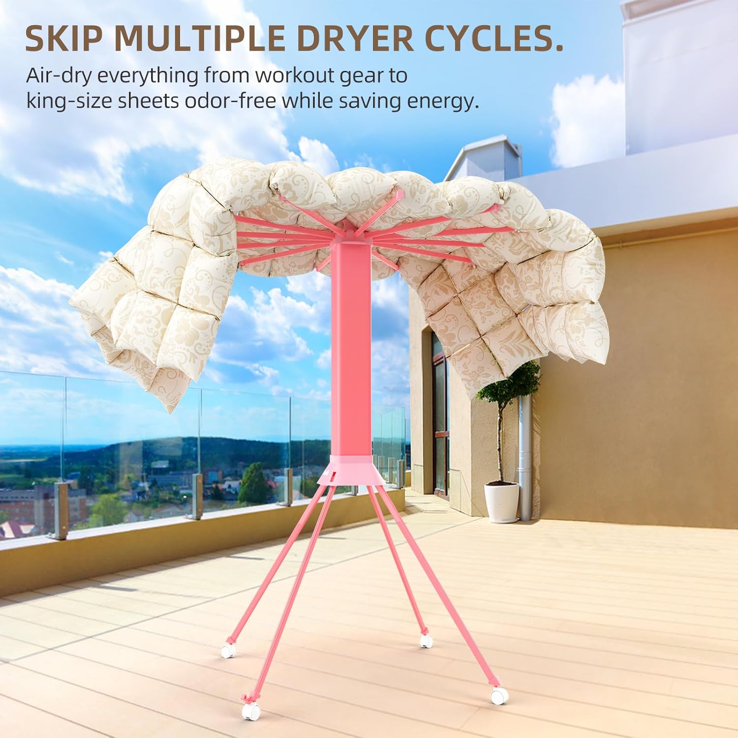 Clothes Drying Rack ​Foldable & ​Collapsible Drying Racks with 4-Leg Octopus Design, Large Capacity ​Space Saving Indoor Drying Rack for Bedroom,Balcony,Laundry for Indoor/Outdoor Use（Pink）
