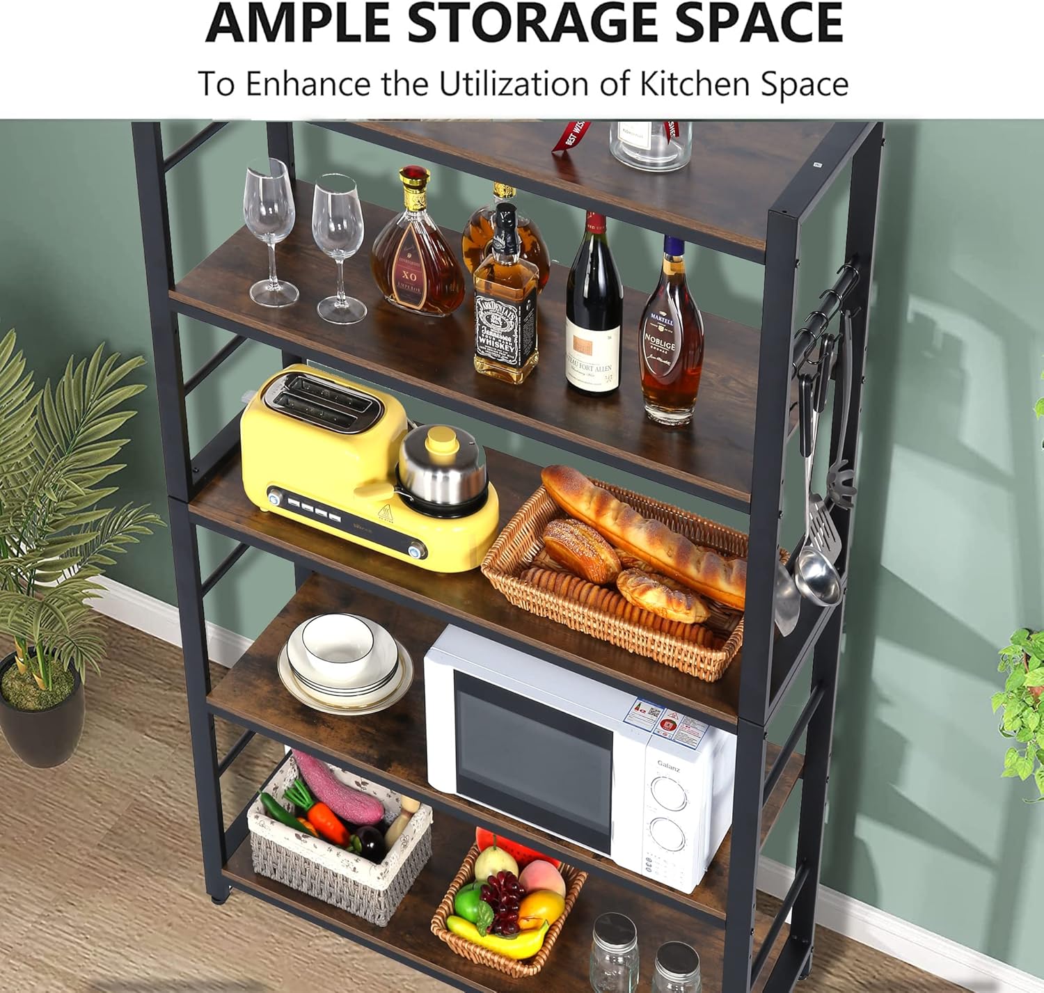 5-Tiers Bakers Rack,Microwave Oven Stand with Shelves,5 Tier Utility Storage Shelf with 5 Hooks,Multifunctional Shelf for Kitchen,Bathroom,Livingroom,Storehouse...