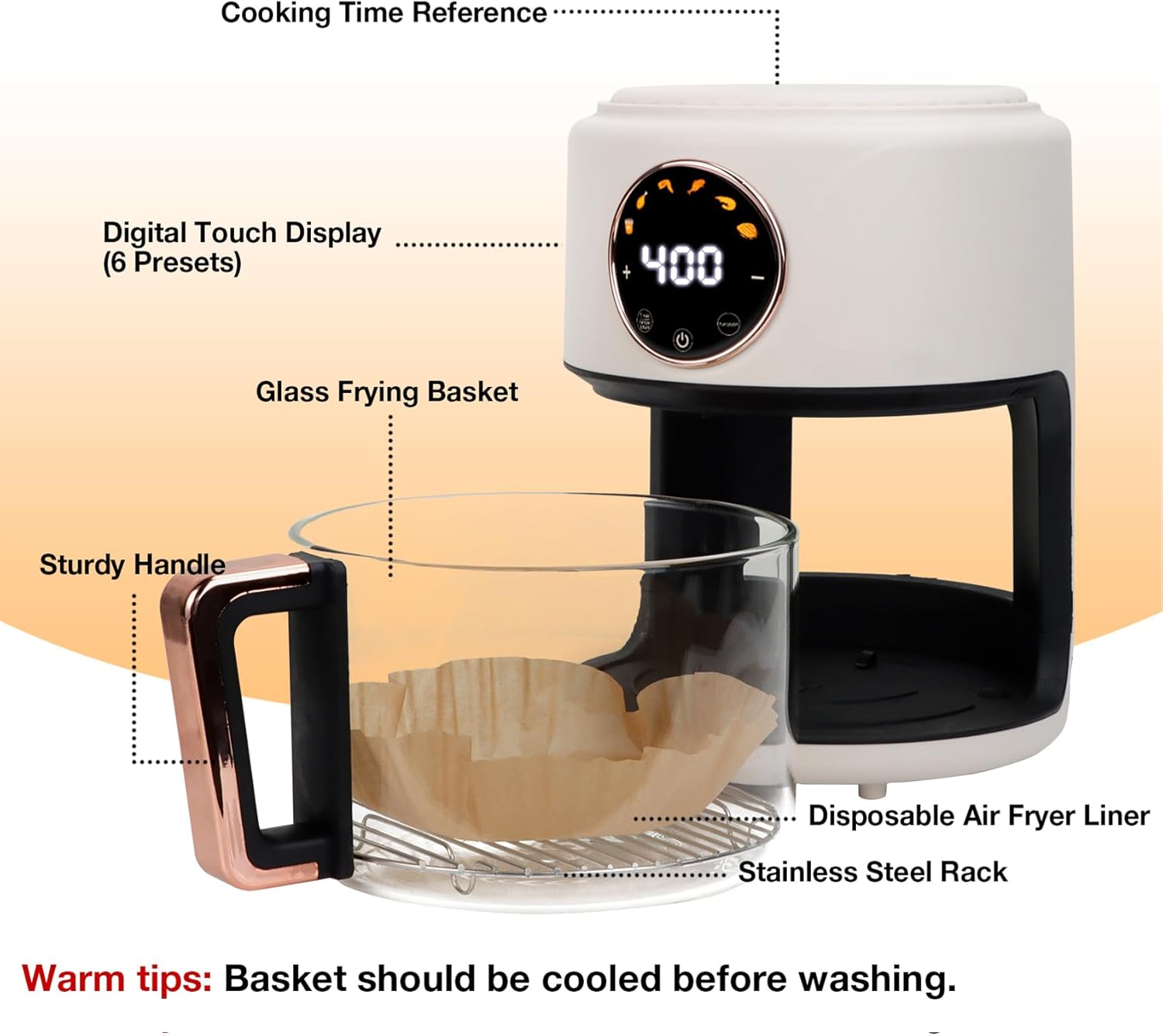 4.7QT Glass Air Fryer, 360° Viewable Glass Air Fryer Non Toxic, 6-IN-1 Preset Cook Modes, Digital Display, Adjustable Temp 100F - 400F, Nonstick, Dishwasher Safe, White
