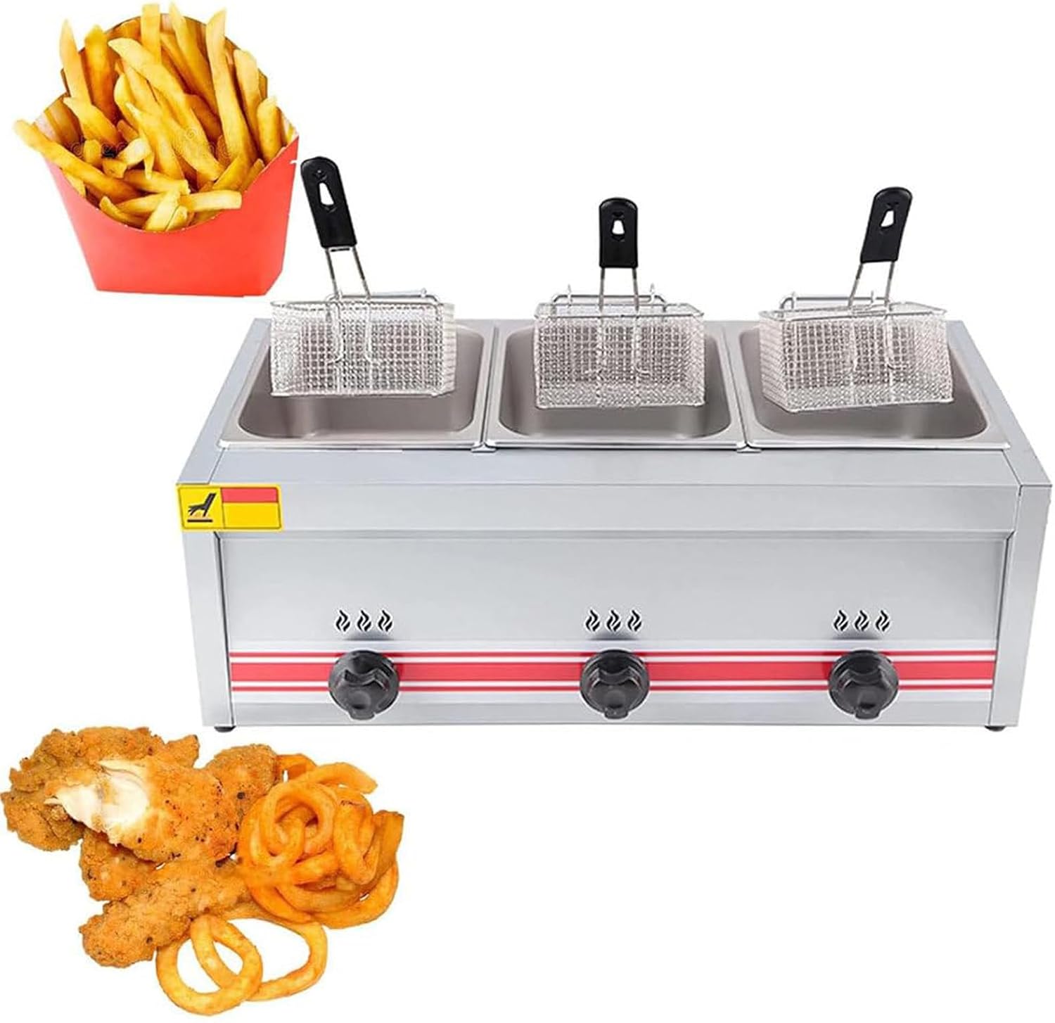 Commercial Gas Fryer Stainless Steel Oil Fryer with Frying Baskets Adjustable Temperature and Time for Onion Rings Fried Chicken Snack Bars,Triplecylinder10l+10l+10l