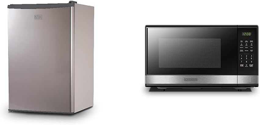 BLACK+DECKER BCRK43V Compact Refrigerator Energy Star Single Door Mini Fridge with Freezer, 4.3 Cubic Ft., VCM & EM031MB11 Digital Microwave Oven with Turntable Push-Button Door, Child Safety