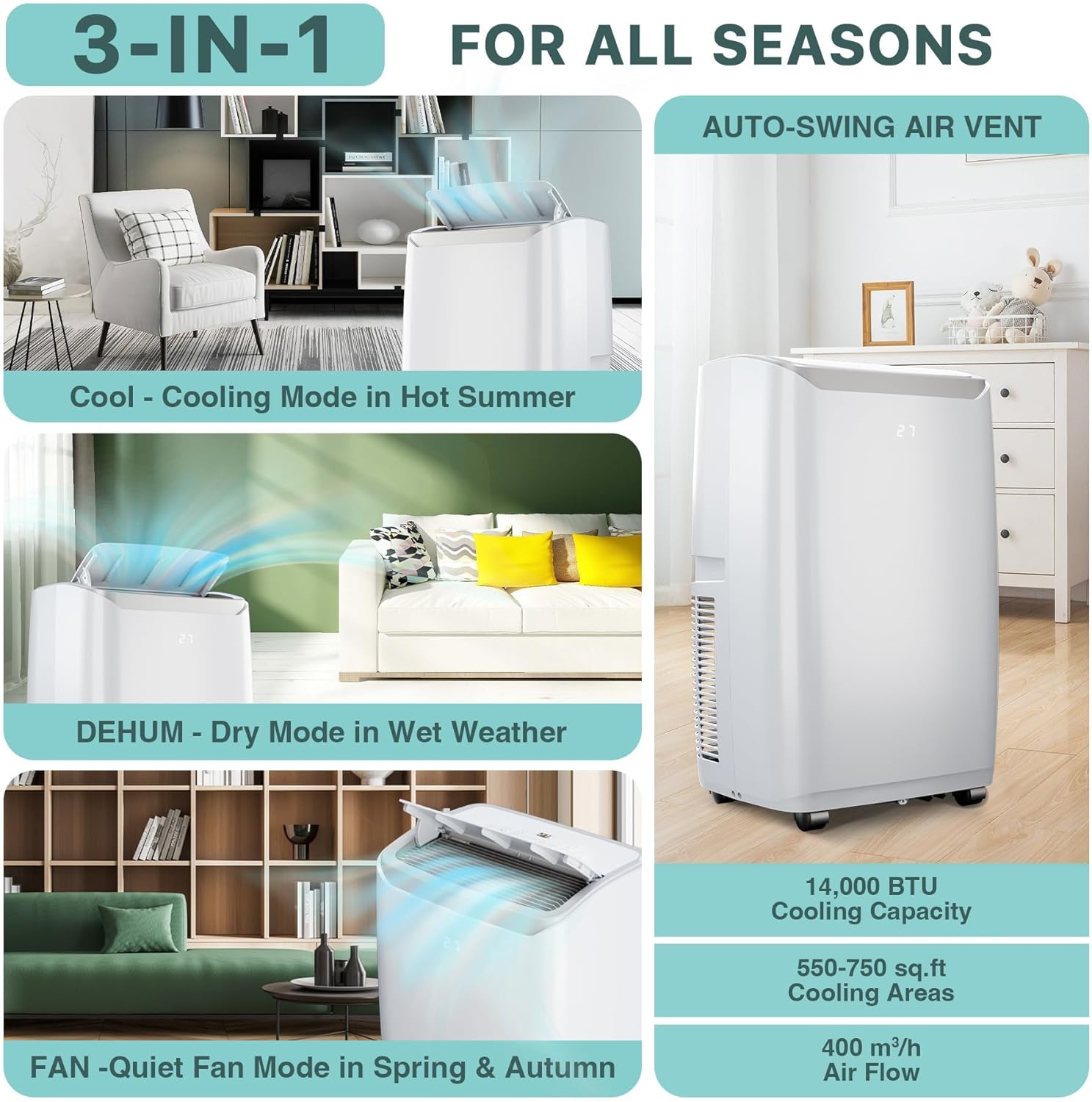 Portable Air Conditioners, 14,000 BTU, 3-in-1 Cooling, Dehumidifying, and Fan Modes, Efficiently Cools Rooms up to 750 Sq. Ft, Includes Quiet Operation, 24-Hour Timer, and Remote Control, White Top