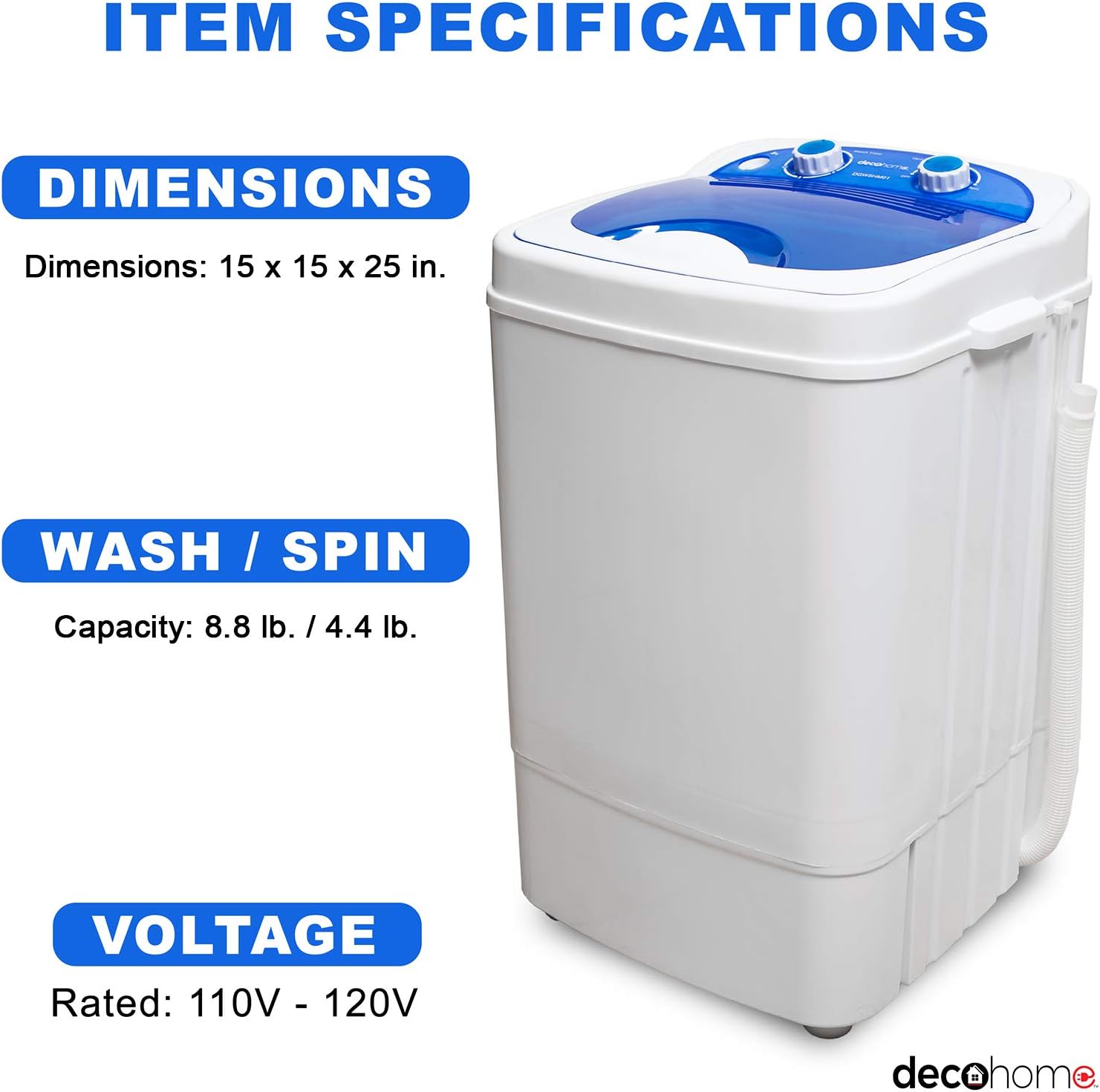 Deco Home Portable Washing Machine for Apartments, Dorms, and Tiny Homes with 8.8 lb Capacity, 250W Power, Wash and Low Agitation Spin Cycle, Includes Drainage Hose, ETL Certified