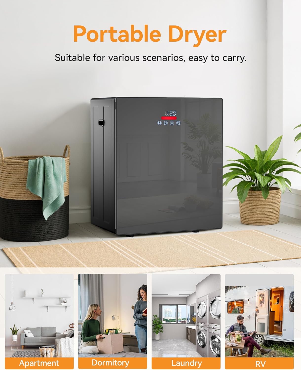 8.8 LBS Portable Dryer, 850W Electric Dryer with 4 Modes, LCD Panel Control, 1.5 Cu.Ft Drying Machine for Apartment, Dorm, RV, Mirror Appearance, Black