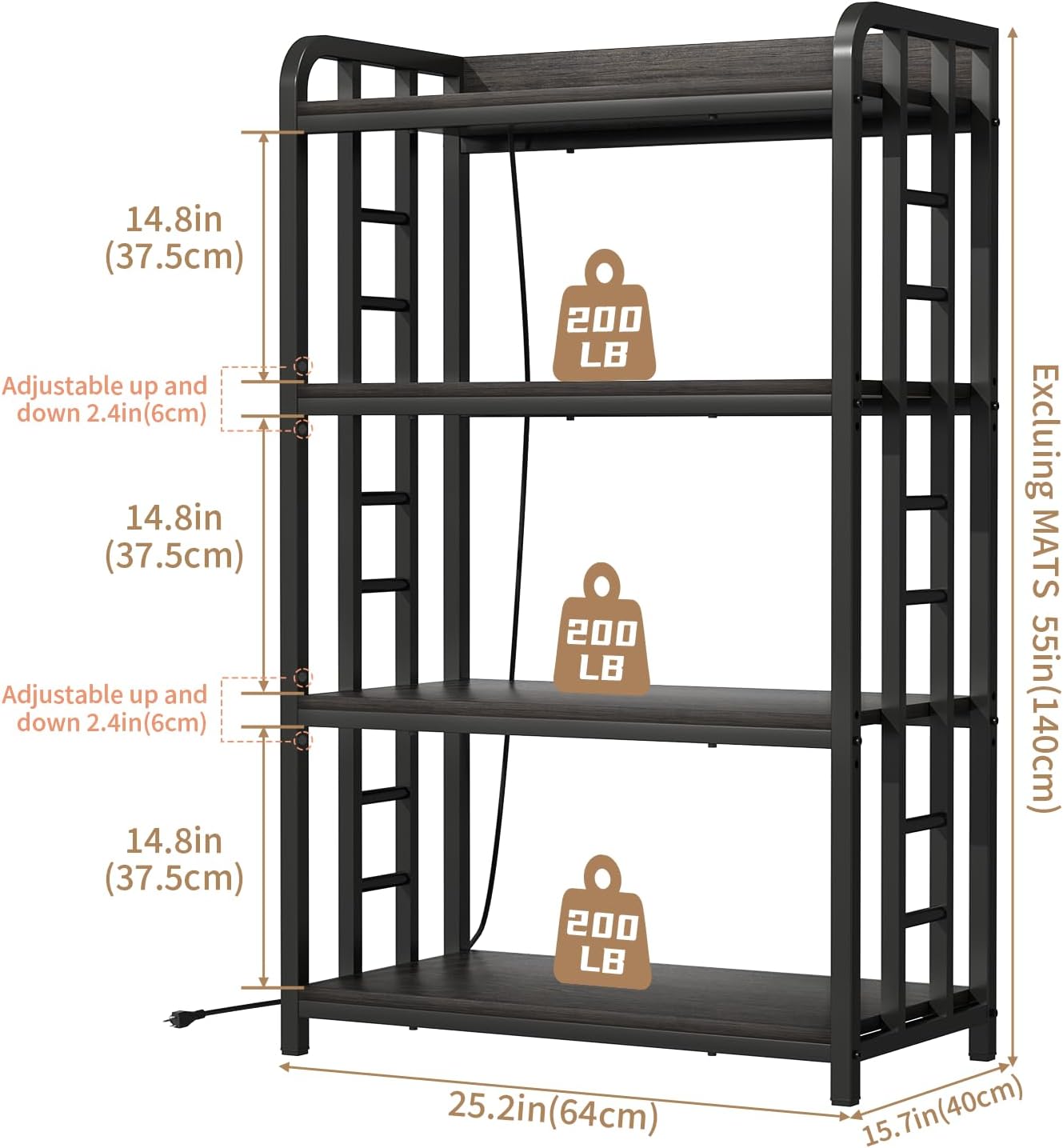 Adjustable 4-Tier Kitchen Baker's Rack, Microwave Oven Cart Stand, Heavy Duty Organizer Rack for Storage in Living Room, Garage, Home and Office, Black