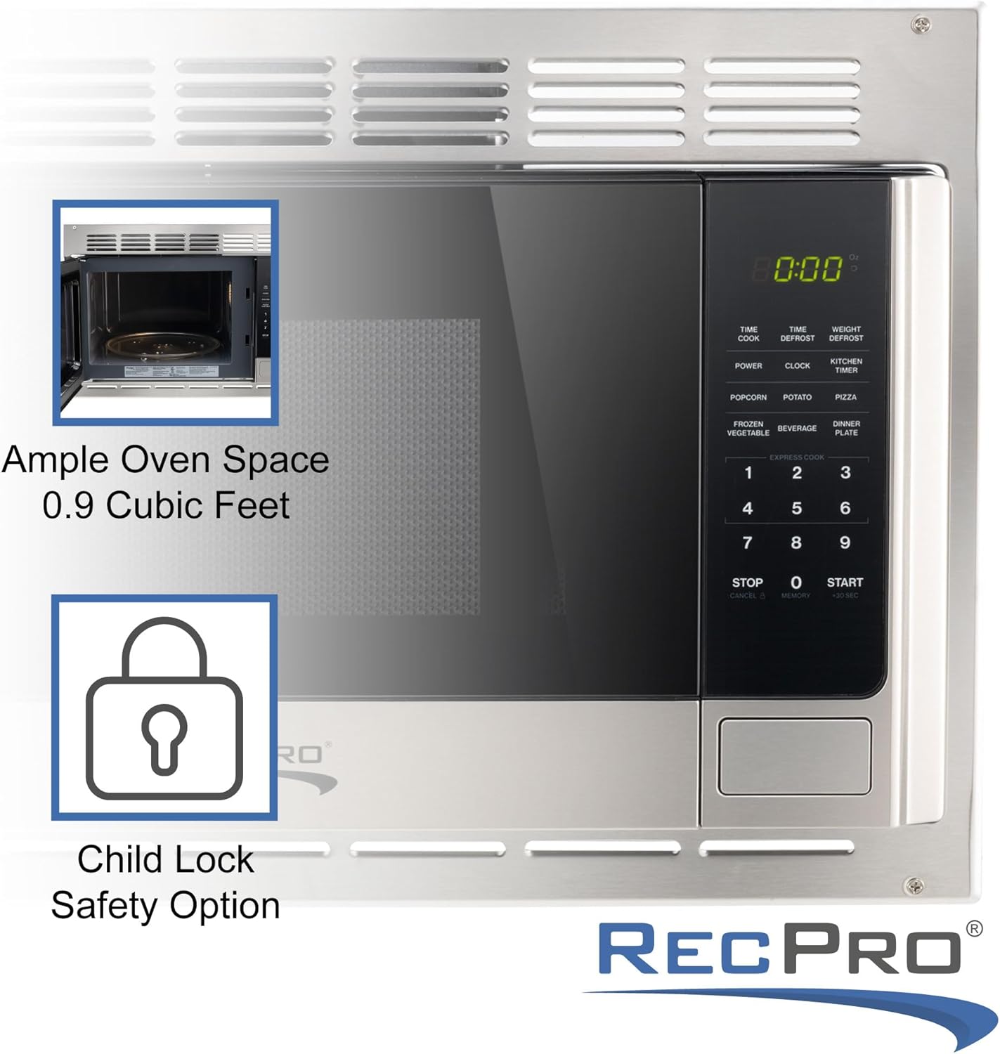 RecPro RV Microwave with Trim Kit | 1.0 Cu. Ft. | 900W | Direct Replacement for Greystone and High Pointe (Stainless Steel)