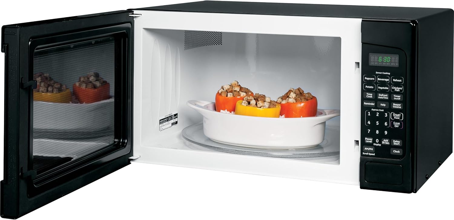 GE JES2051DNBB Countertop Microwave Oven, 1,200-watt Capacity, 2.0 Cubic Ft., 8 Auto Setting Cooking Settings, Kitchen Essentials for the Countertop, Dorm Room or Apartment, Black