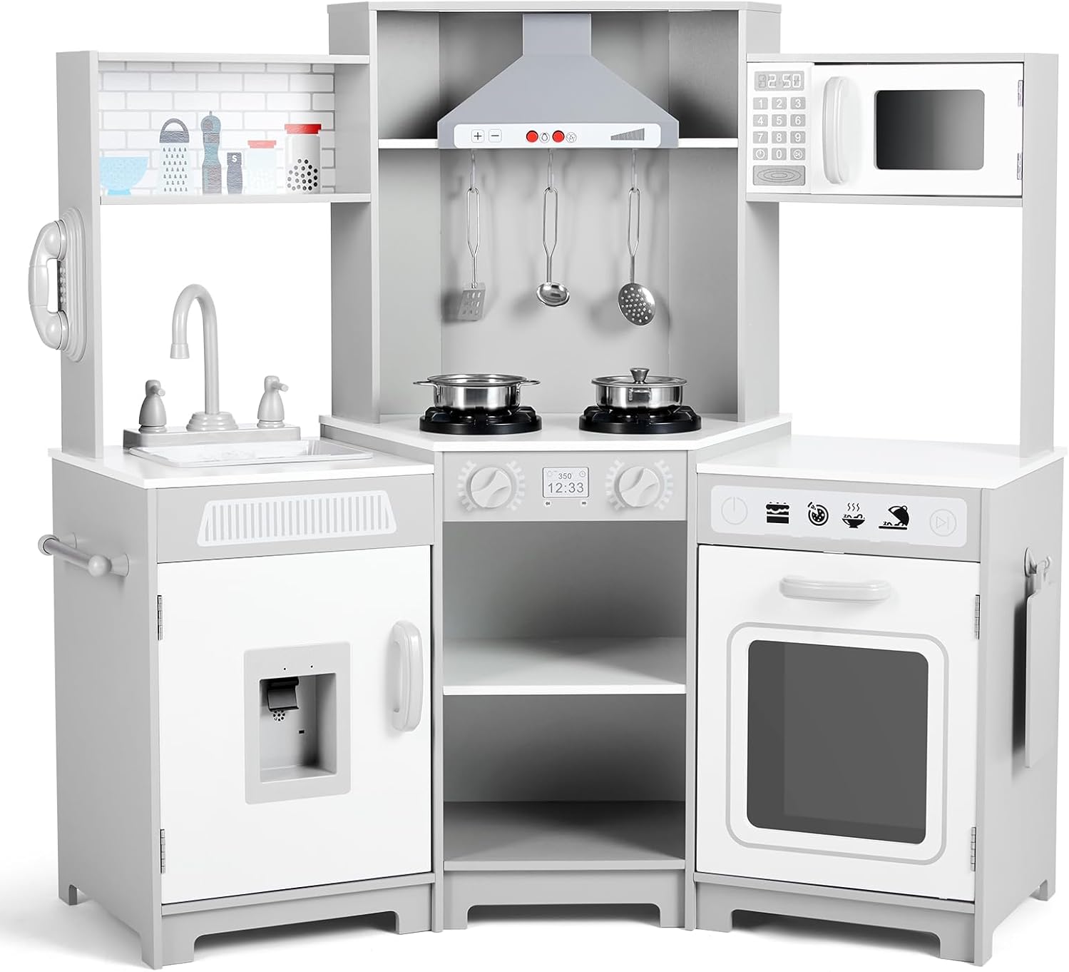 JOYLDIAS Kids Play Kitchen,Corner Wooden Pretend Toddler Kitchen Toys Playset, Realistic Lights & Sounds,Microwave Oven,Water Dispenser, Phone, Sink,Cooking Accessories, for Toddlers Ages 3+, White