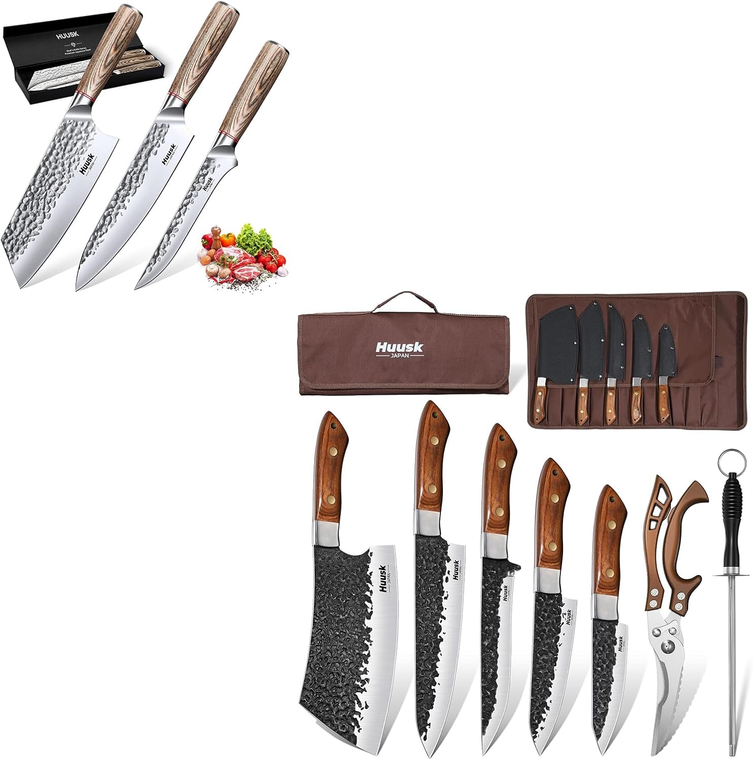 Huusk Butcher Knife Set of 7 Bundle with Japanese Kitchen Knife Set of 3