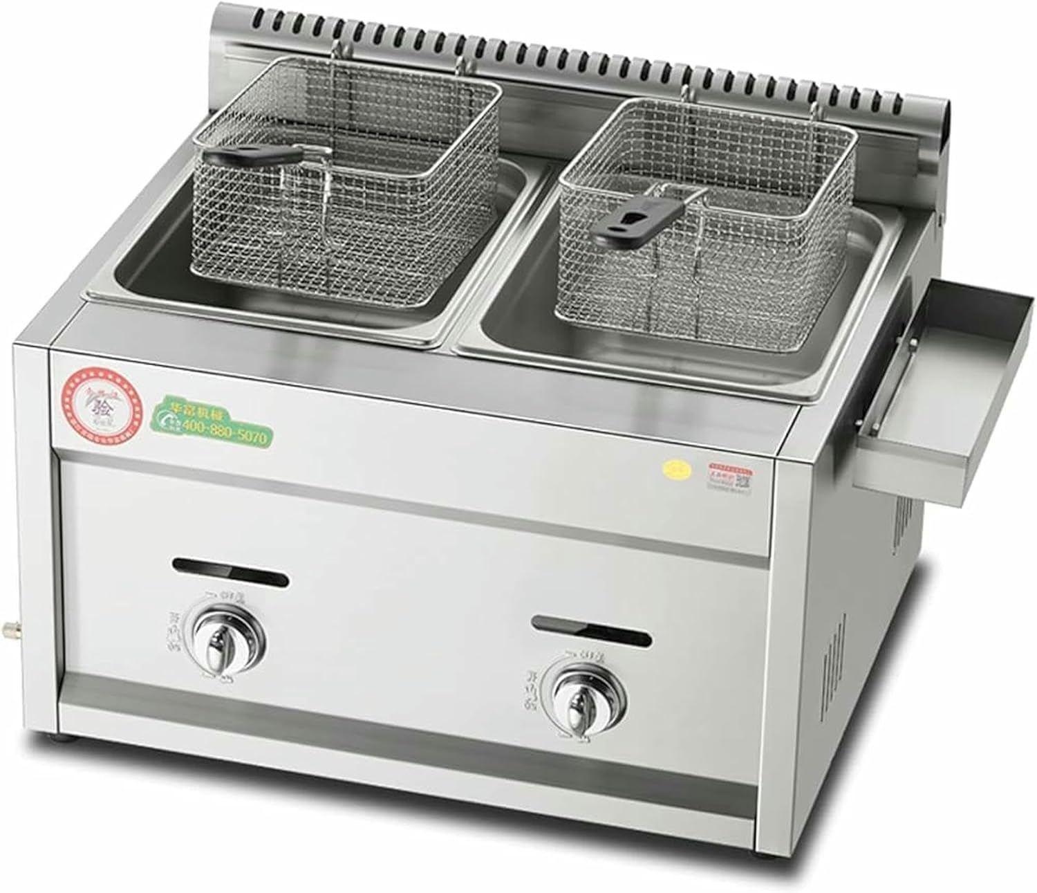 Large Capacity Gas Fryer - Stainless Steel LPG Fryer for Home & Commercial Use, Adjustable Firepower with Baskets and Lids