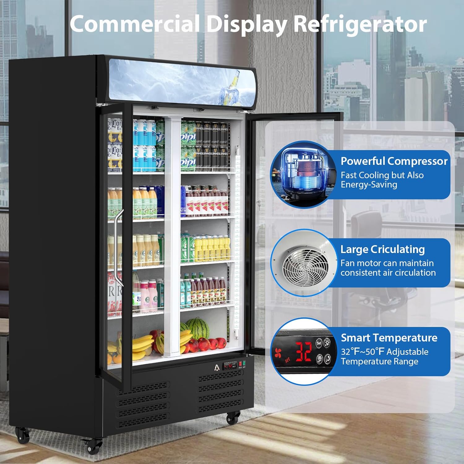 36.3 Cu.ft Beverage Refrigerator - Commercial Beverage Cooler Merchandiser With Lightbox, Upright Commercial Display Fridge