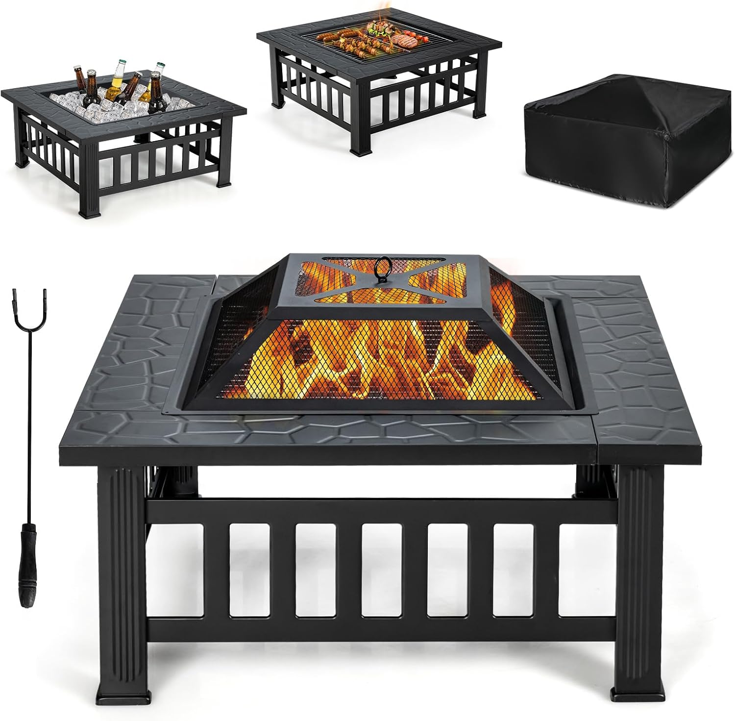 32 inch Outdoor Fire Pit, 3 in 1 Bonfire Wood Burning Fire Pit Table with Spark Screen, BBQ Grill, Poker, Rain Cover, Log Grate, Metal Bonfire Stove Firepit for Outside Backyard Patio