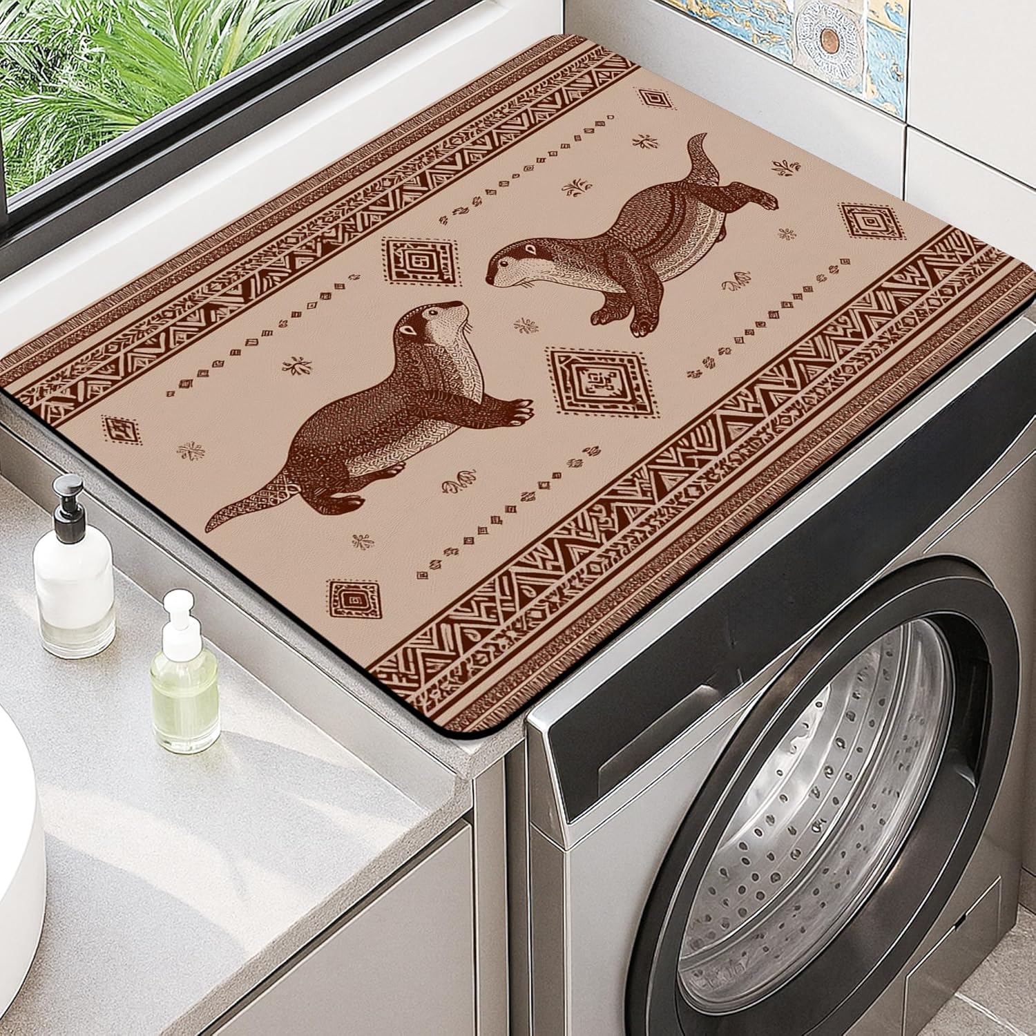 Otter Washer Dryer Top Protector Mat, Vintage Animal Patterned Laundry Machine Dust Covers, Rustic Rubber Anti-slip Waterproof Washer And Dryer Mats for Home 20x24 Inch