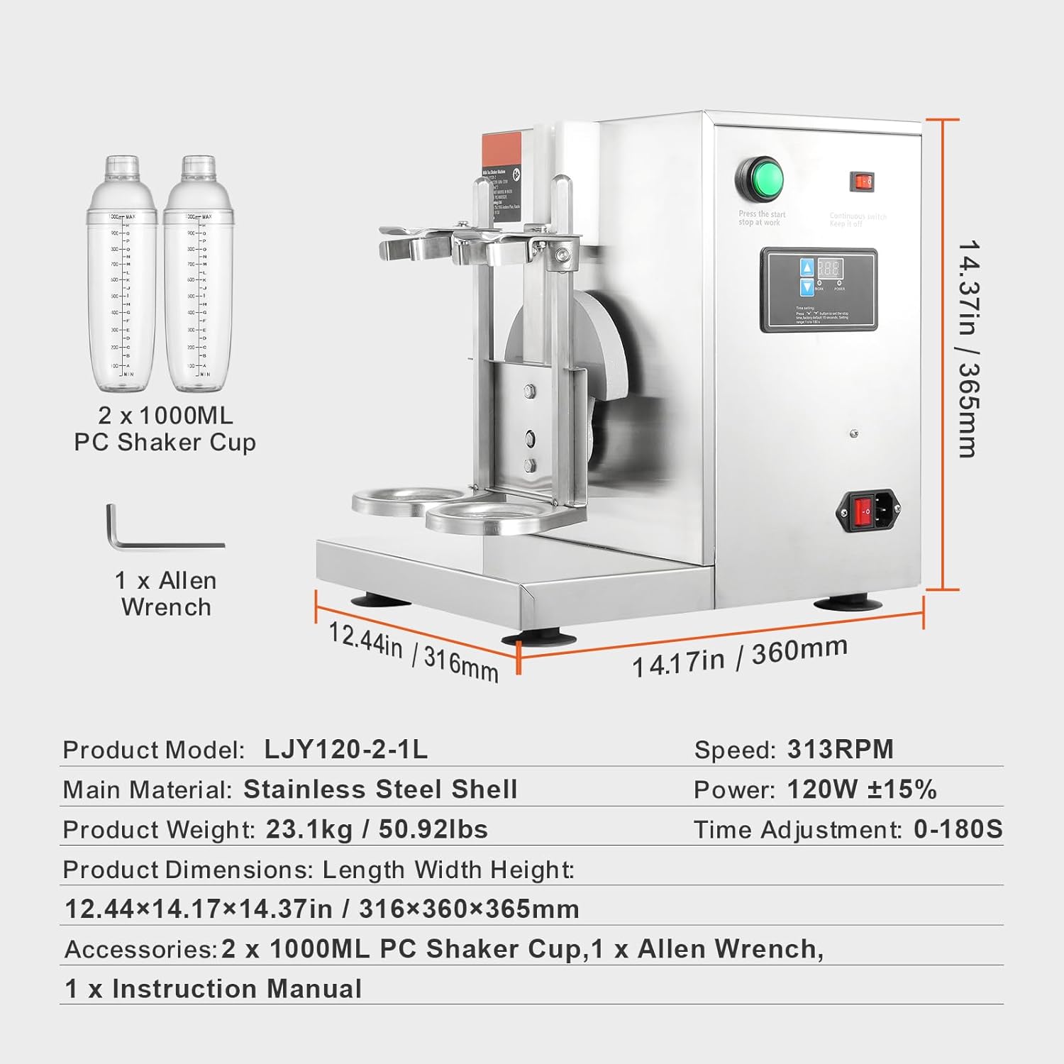 Happybuy 120W Milkshake Maker Machine, Double Head Commercial Milk Tea Shaker, 0-180s Adjustable Blender with 1L PC Cup for Milk Tea Store