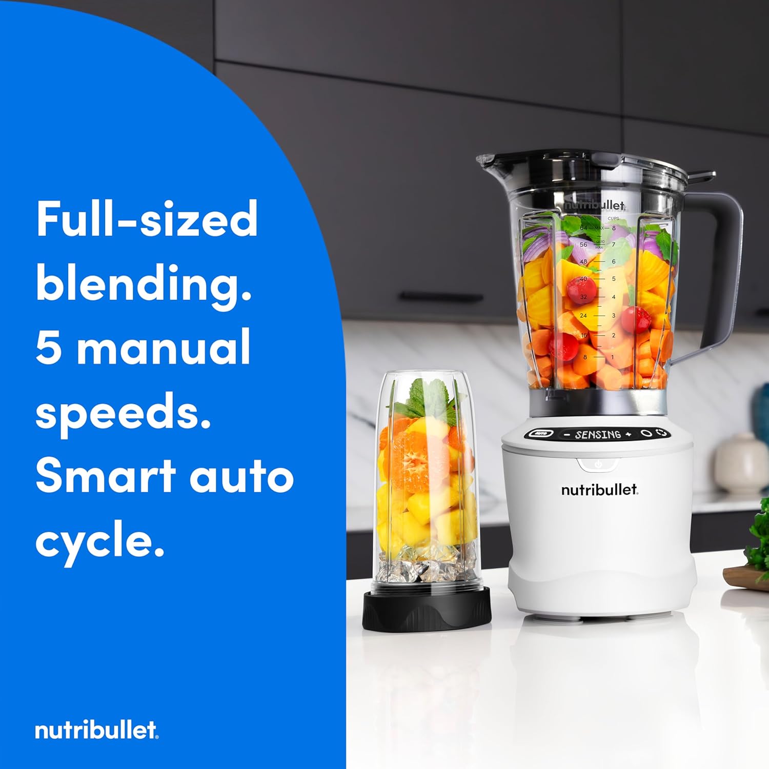 nutribullet® SmartSense Blender Combo, 1400W, 64oz Pitcher, 32oz & 24oz Cups, 5-Speed, Smoothies, Ice and Frozen Fruit, Nut Milk, Soup, Matte White, NBF50700AW