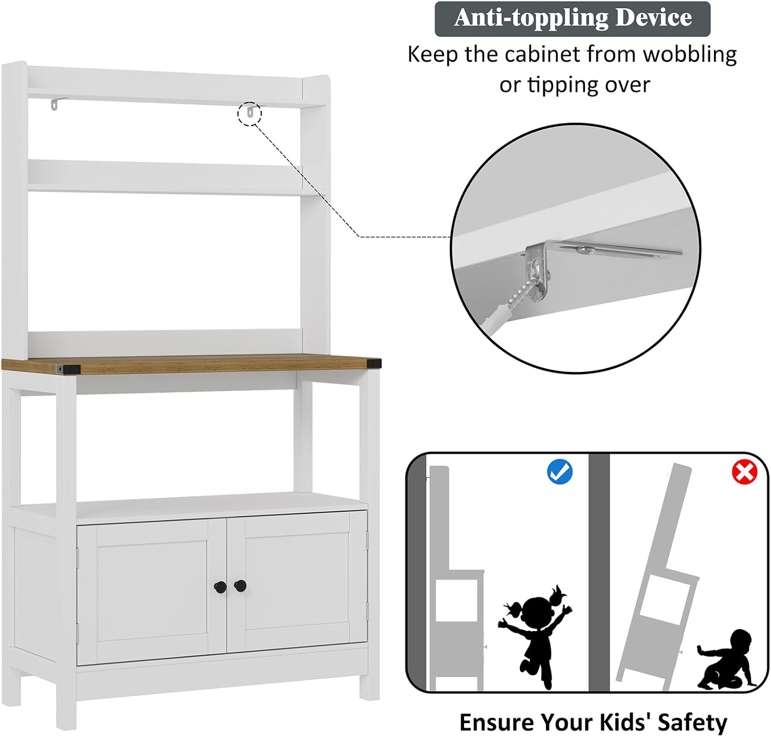 Microwave Stand Bakers Rack Cabinet, Freestanding 5-Tier Kitchen Shelves, Farmhouse Floor Hutch Door Thickened Counter,Utility Storage Shelf, Coffee Bar(White and Brown)