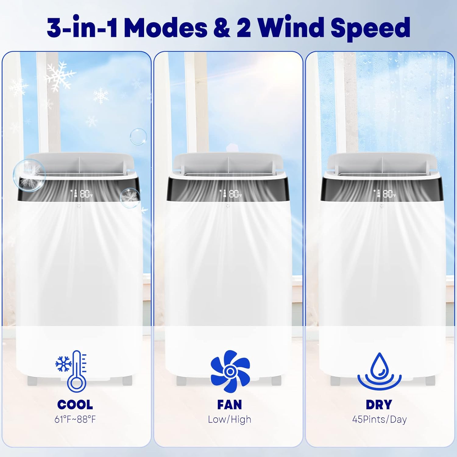 Portable Air Conditioner 10000 BTU with Remote, 4-In-1 AC Unit for Rooms Up to 450 Sq.Ft, Cooling, Fan, Dehumidifier & Sleep Mode, 3 Speeds, Auto Swing, 24H Timer for Home, Bedroom, Office