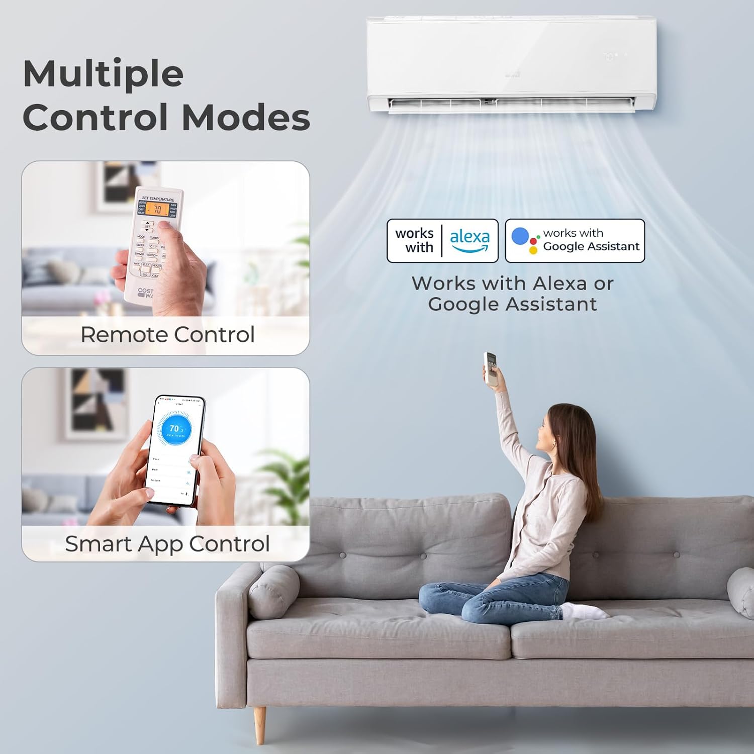 COSTWAY 24000 BTU Wifi Enabled Mini Split Air Conditioner & Heater, Energy Efficient, 21 SEER2 208-230V Inverter AC Unit Cools up to 1500 Sq. Ft. (White, 24000BTU, 208-230V, 21 SEER2-WIFI)