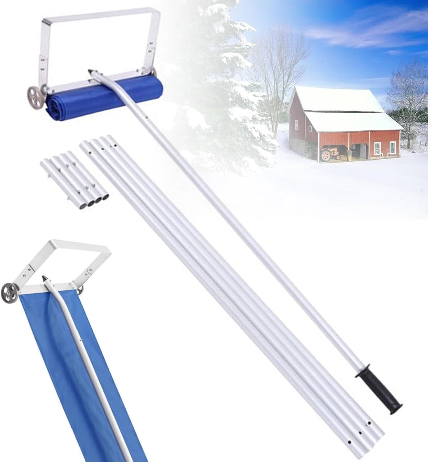 Snow Roof Rake, Adjustable Aluminum Roof Snow Removal Tool with Wheels & Oxford Slide, Extendable Anti-Slip Handle, Time-Saving Lightweight Roof Snow Removal Tool
