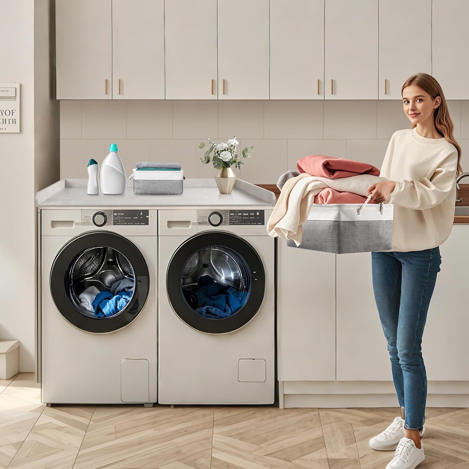 Washer Dryer Countertop with 2 Pack Storage Baskets, Wood Washer and Dryer Countertop with Non-Slip Pads/Edge Rails for Laundry Room Storage and Organization, 27.5