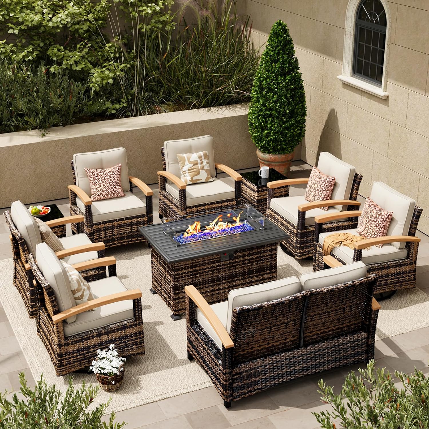 MEISSALIVVE 10 Pieces Patio Furniture Sets with Fire Pit Table, Wicker Outdoor Conversation Sets with 4 Swivel Rocker Chairs, 2 Single Chairs, 2-seat Sofa and Side Table(Brown)