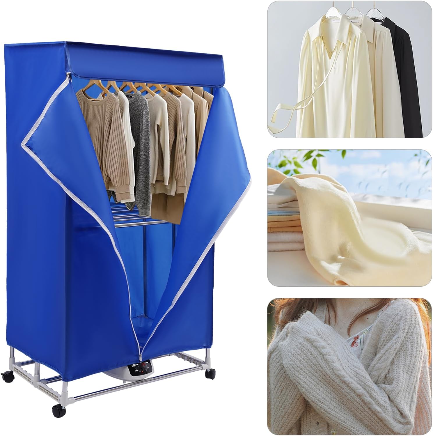 1200-1500W 110V Clothes Dryer Portable Drying Machine with Remote Control, 3 Gears Laundry Drying Wardrobe with Large Capacity, Electric Dryer/Rack for Home and Apartments, 27.55x19.68x59in (Blue)