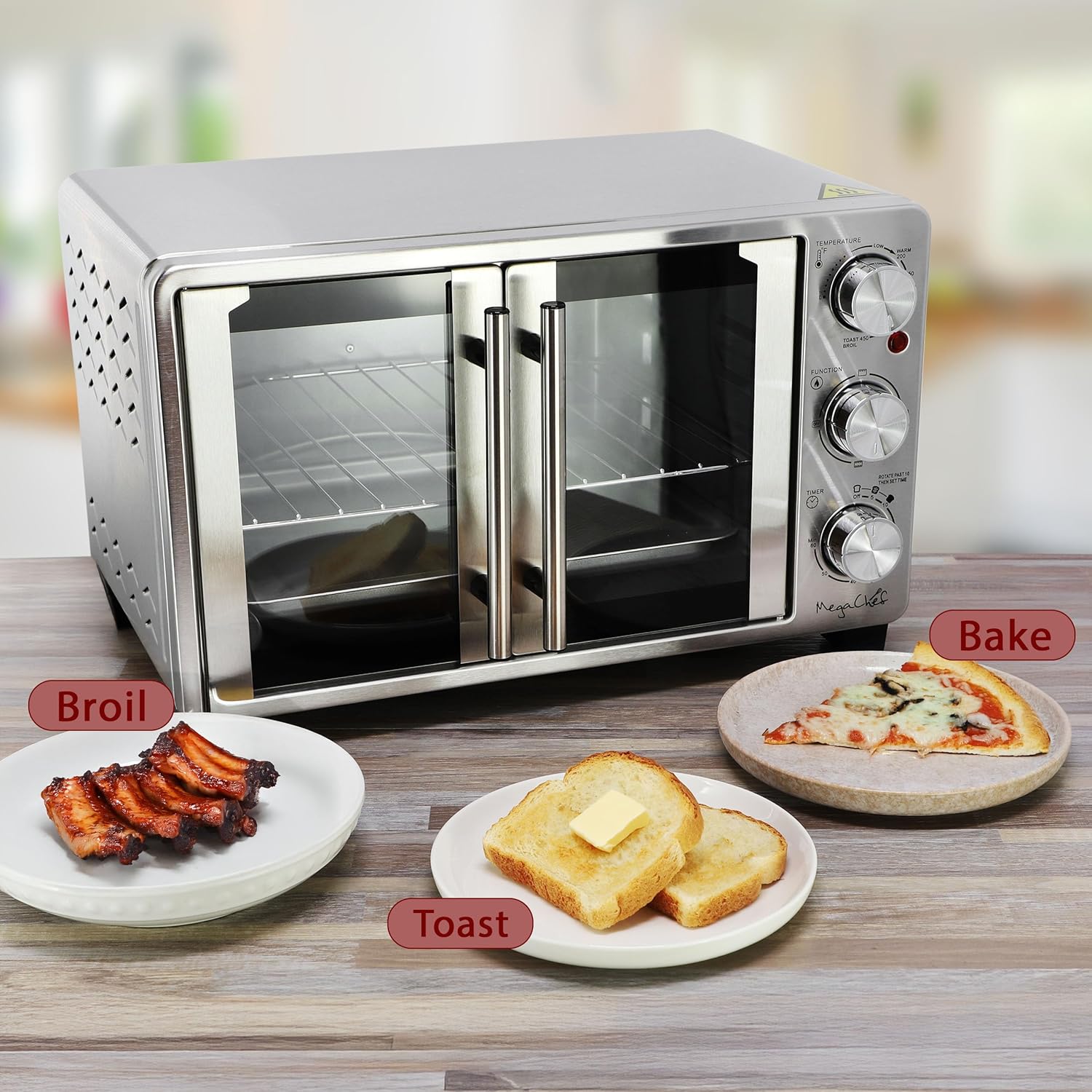 MegaChef 26.4 Quart French Door Multi-Function Stainless Steel Electric Toaster Oven with Temperature & Timer Control and Broil, Bake & Toast Functions
