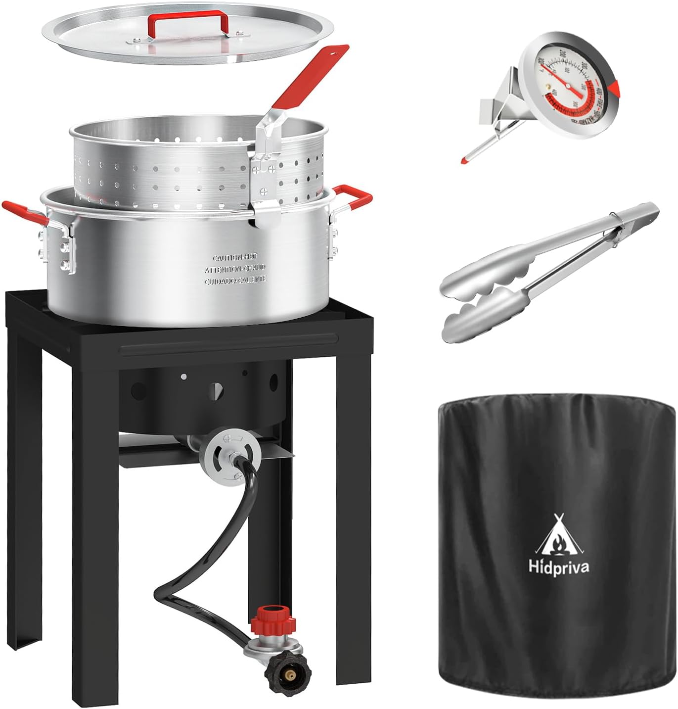 10QT Propane Fish Fryer with Lid, Cover, Fryer Tong & Thermometer, 8QT Basket for Frying Fish, Chicken Wings, French Fries, Deep Fryers with 5 PSI Regulator & 55,000 BTU Burner for Outdoor Cooking
